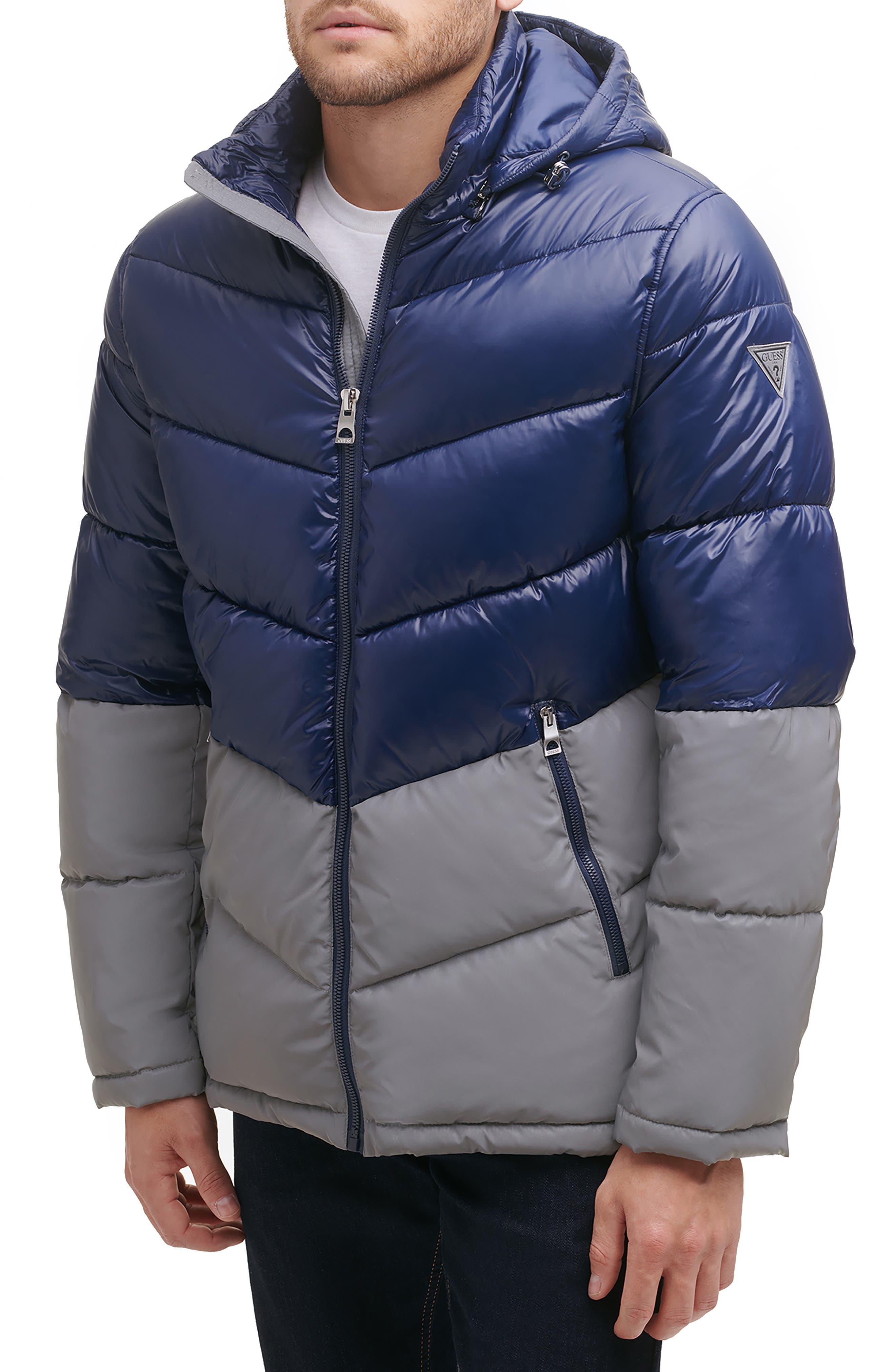 Guess Colorblock Wind & Water Resistant Puffer Jacket In Navy At ...