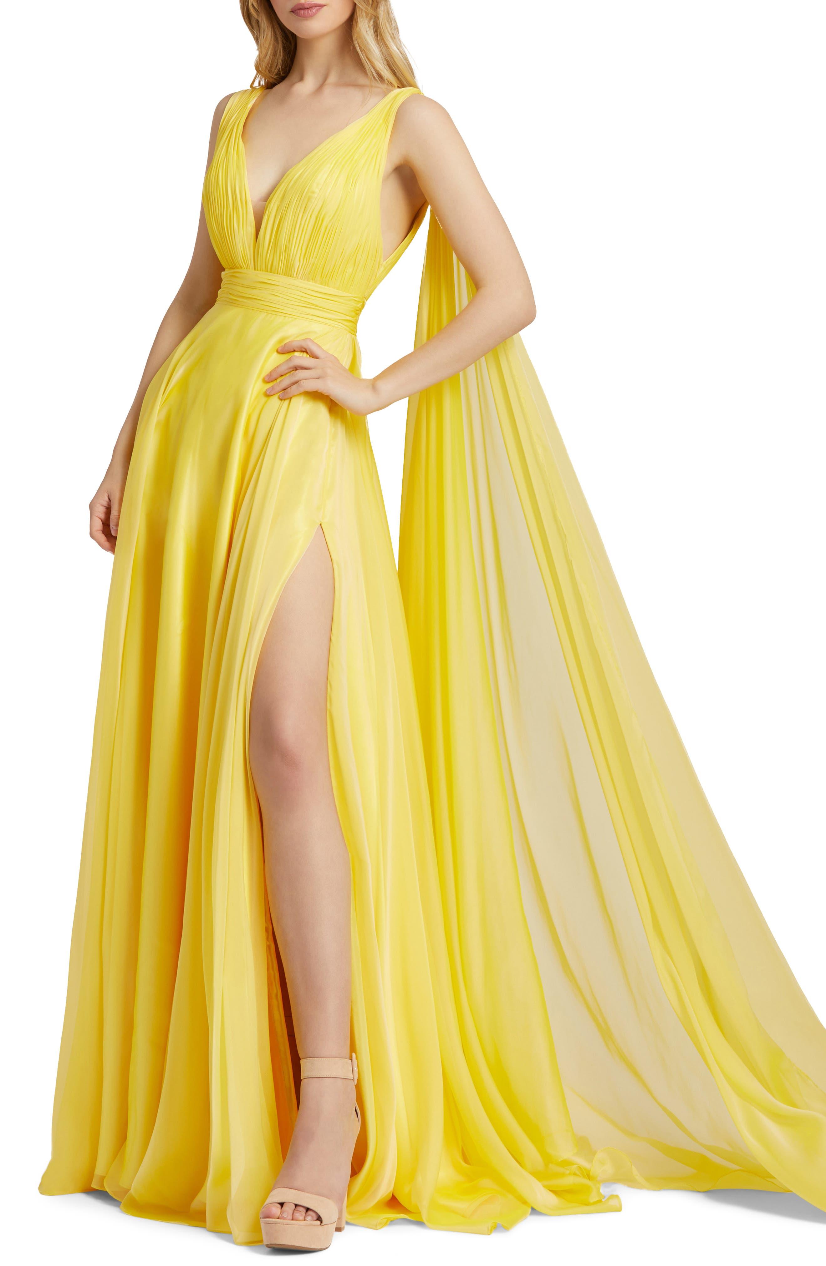 Mac Duggal Thigh Slit Grecian Chiffon Gown in Yellow | Lyst