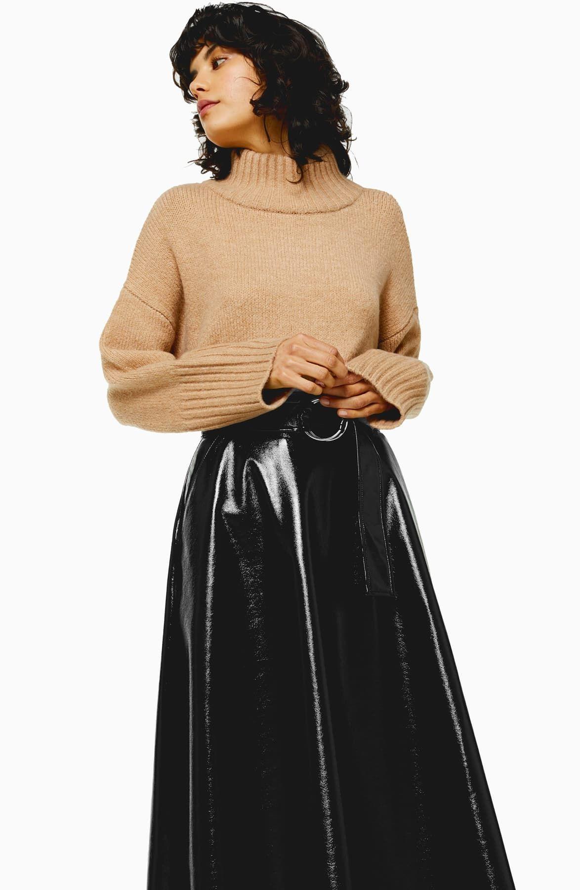 TOPSHOP Full Circle Faux Leather Vinyl Midi Skirt in Black | Lyst