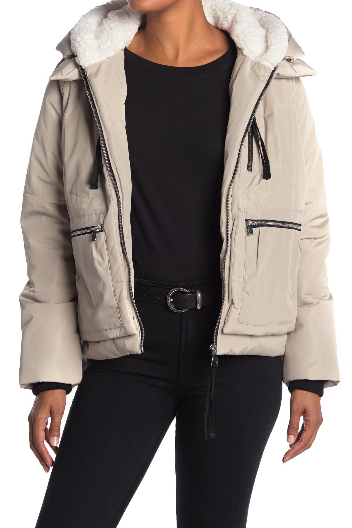 bagatelle short utility puffer faux shearling trim jacket