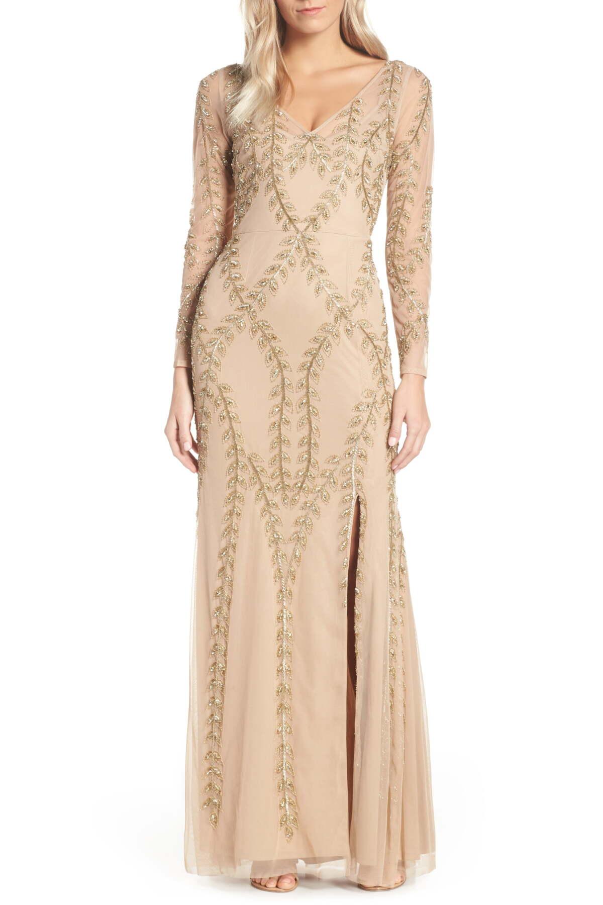Adrianna Papell V-neck Beaded Long Sleeve Side Slit Gown in Champagne Gold  (Metallic) - Lyst