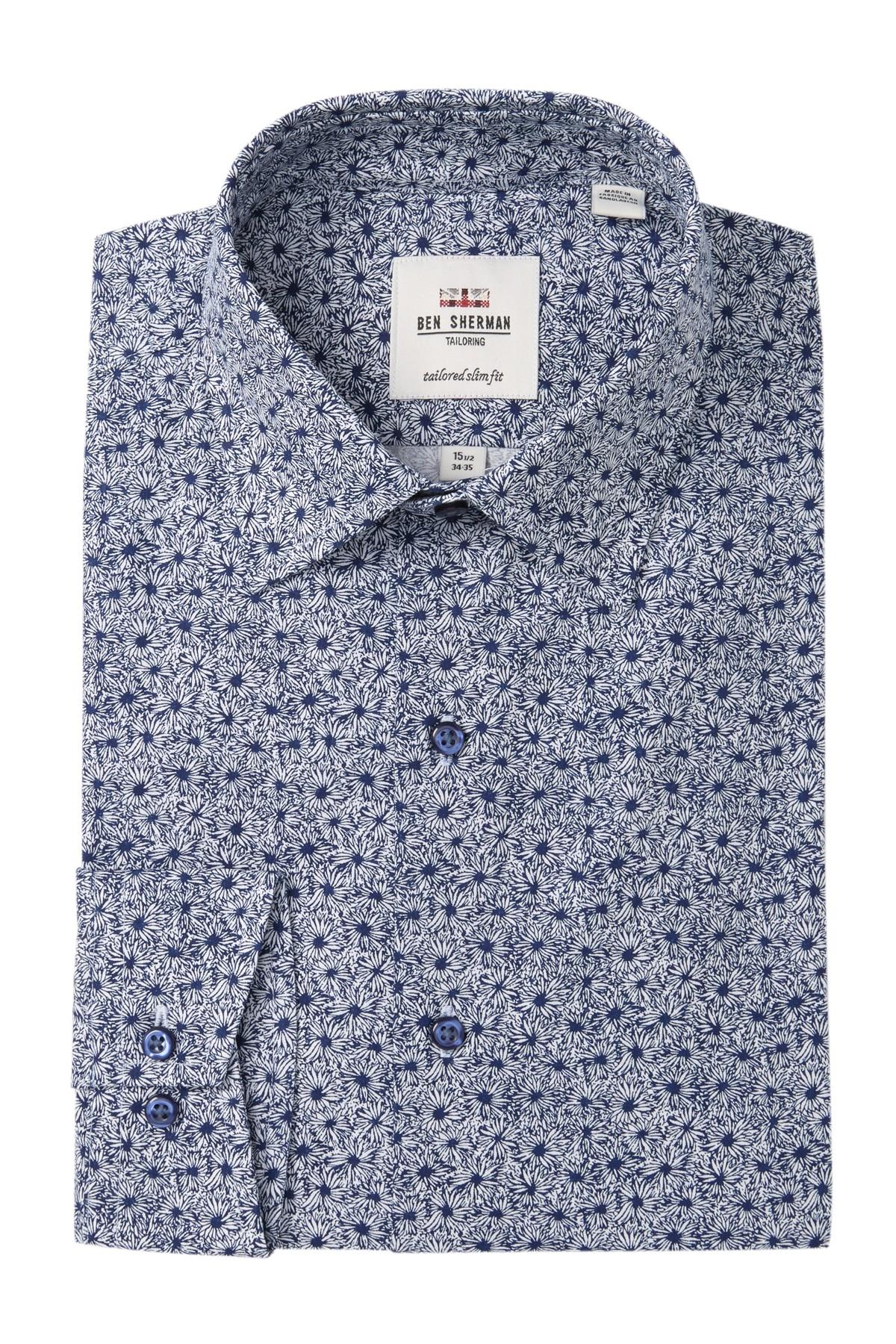 Ben Sherman Cotton Floral Tailored Slim Fit Dress Shirt in Navy (Blue