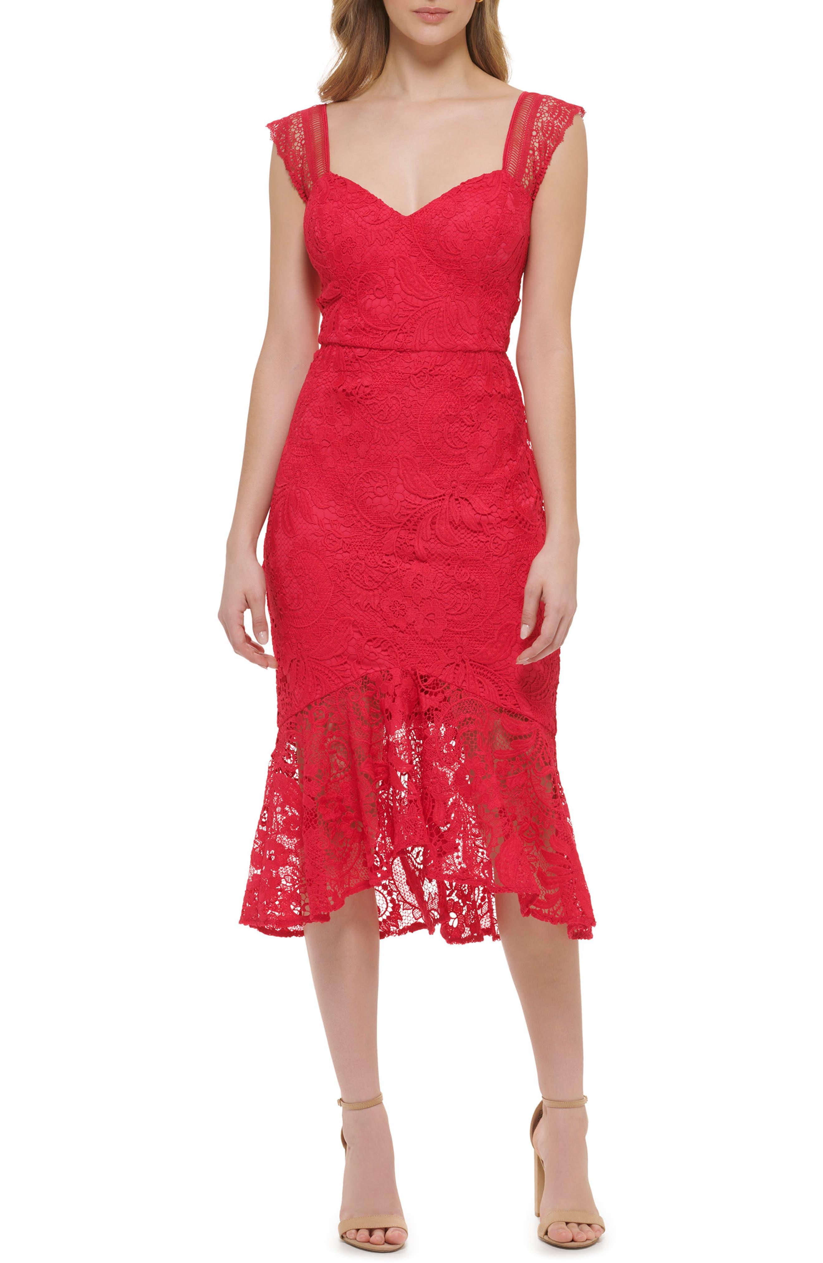 Guess Lace Sweetheart-neck High-low Midi Dress in Red | Lyst