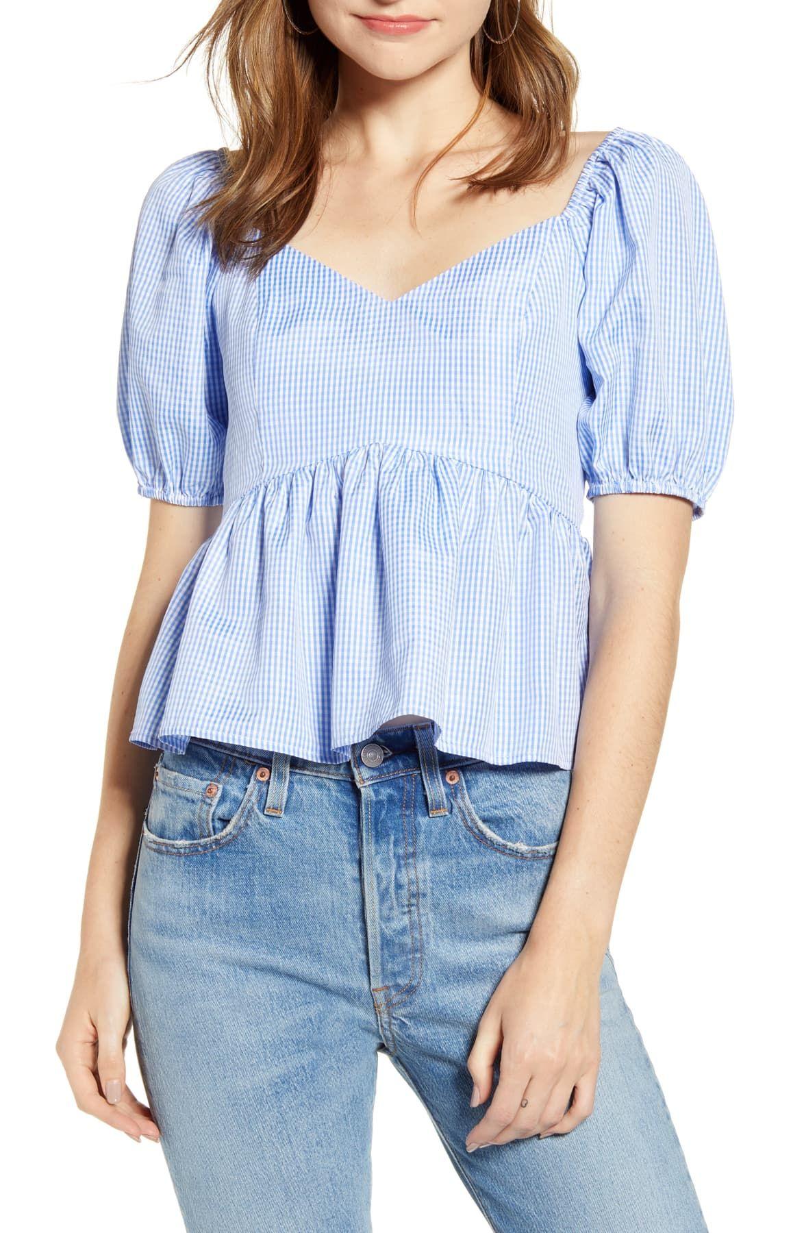 English Factory Puff Sleeve Peplum Top in Blue - Lyst