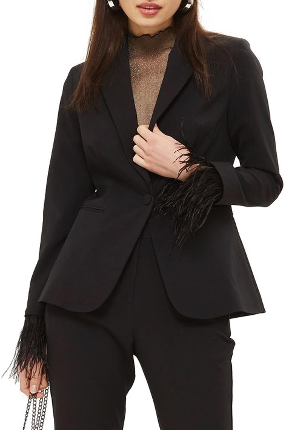 TOPSHOP Feather Trim Blazer in Black | Lyst