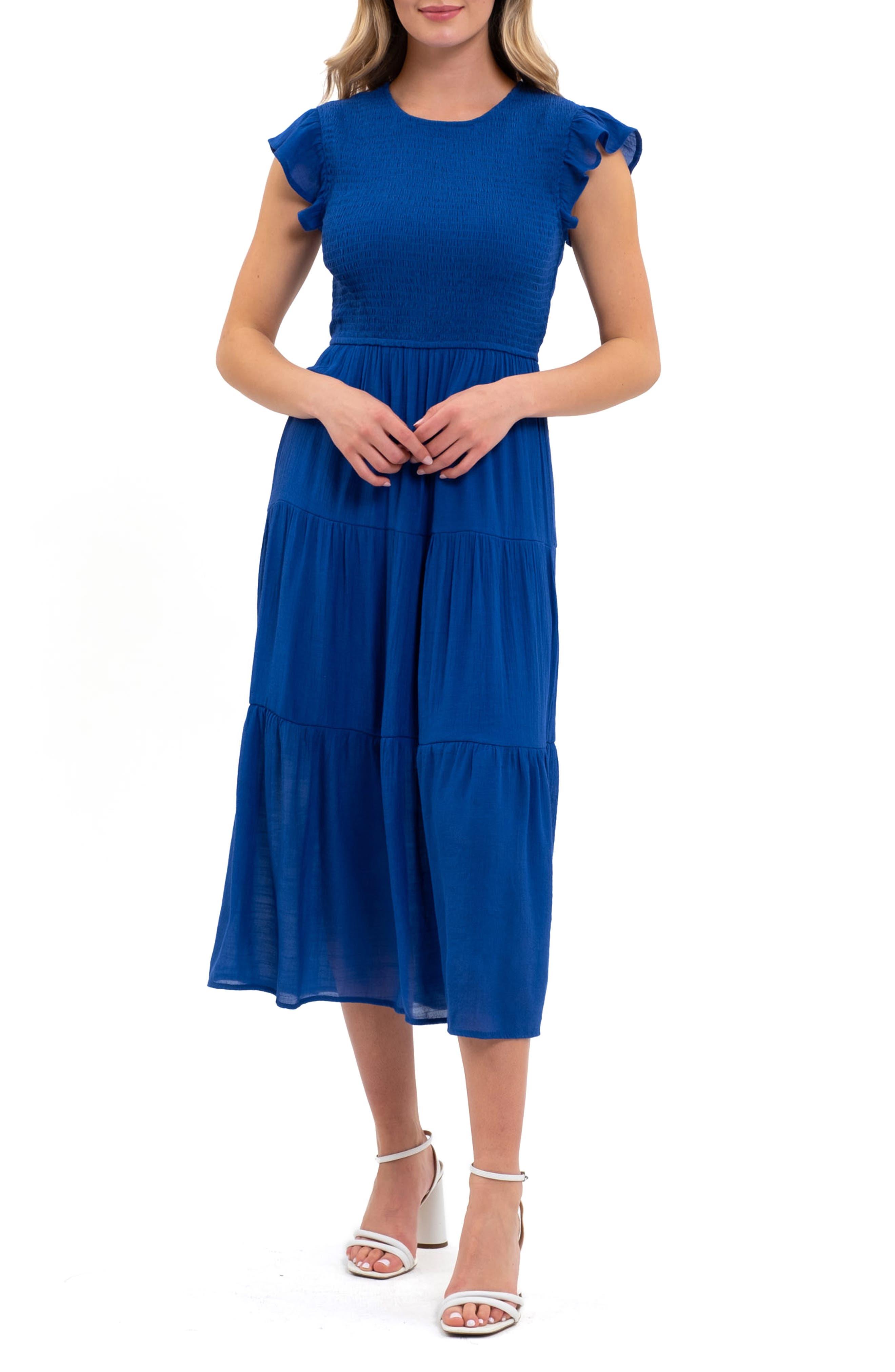 Blu Pepper Flutter Sleeve Smocked Tiered Midi Dress in Blue | Lyst