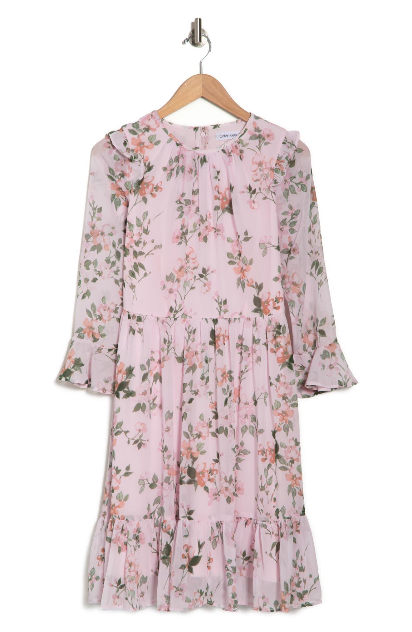 Calvin Klein Floral Long Sleeve Dress In Blush Multi At Nordstrom Rack in  Pink | Lyst