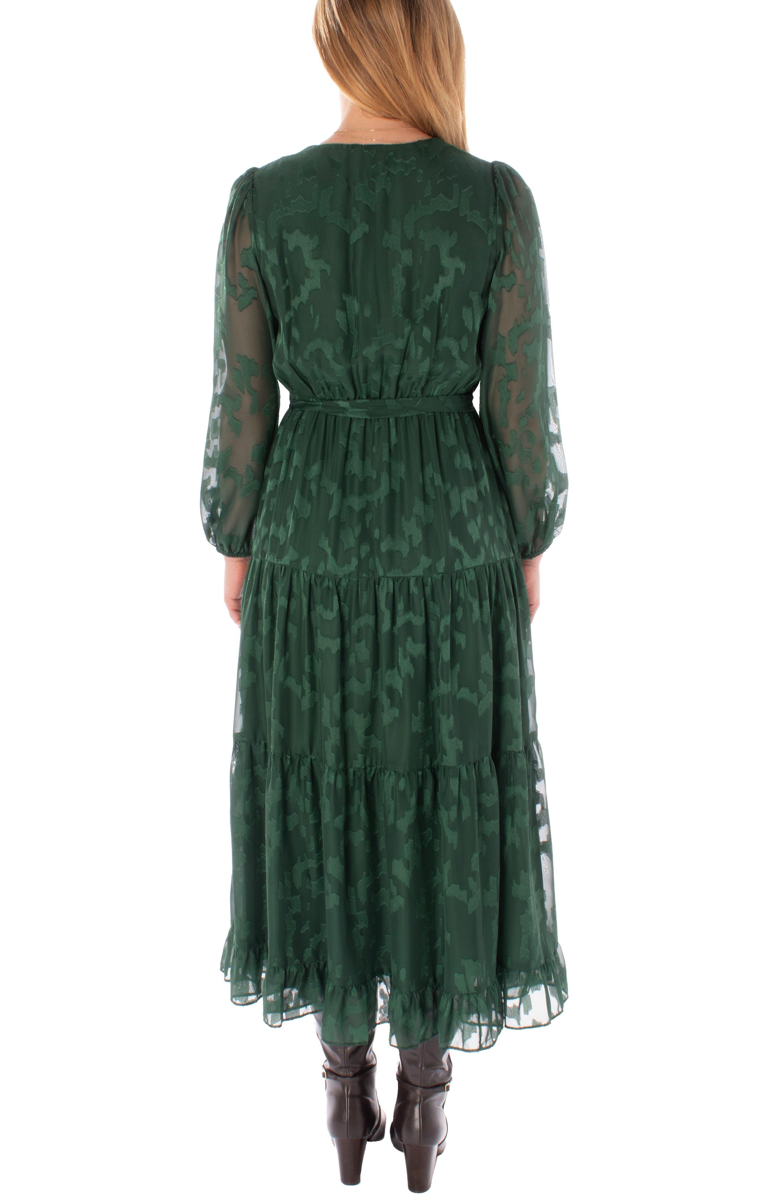 Taylor Dresses Long Sleeve Chiffon Burnout Maxi Dress in Green | Lyst