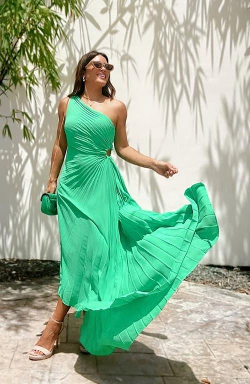 green one shoulder pleated dress Metallic One Shoulder Pleated Lace Up Back Trumpet Dress with Side Cascade missy / 0 / dark-green