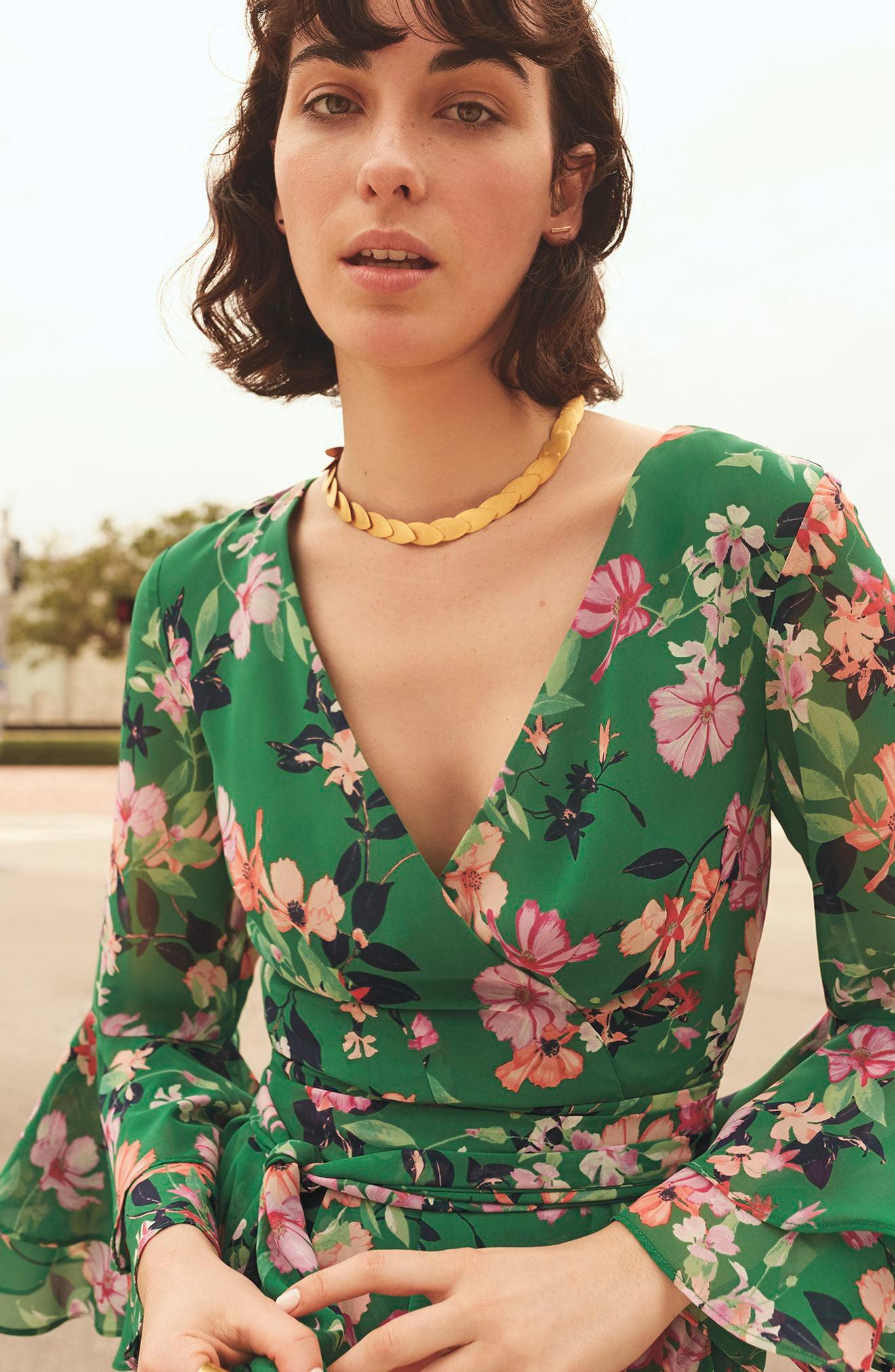 Eliza J Chiffon Ruffle Sleeve Floral Faux Wrap Dress in Green | Lyst