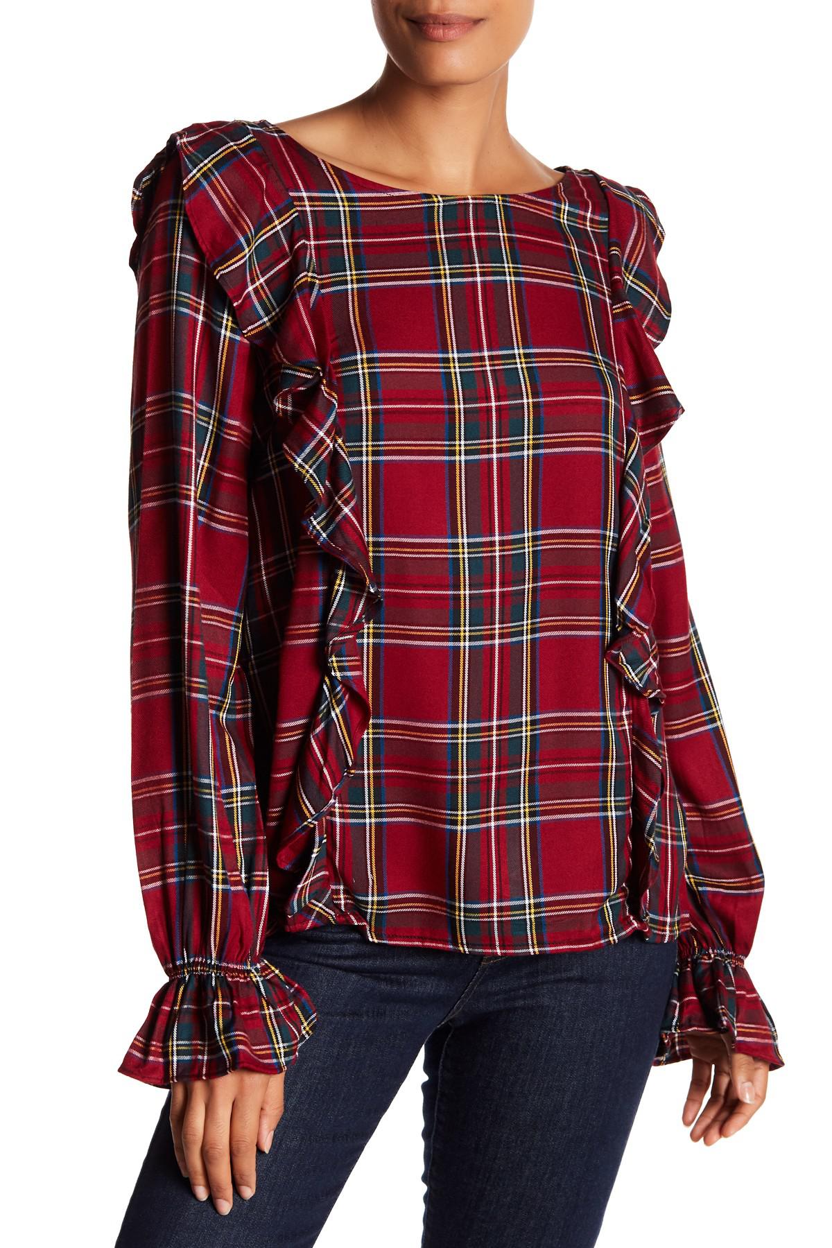 red plaid ruffle blouse