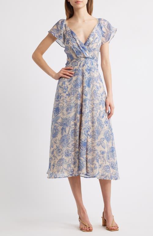 Lulus April Floral Chiffon Fit & Flare Midi Dress in Blue