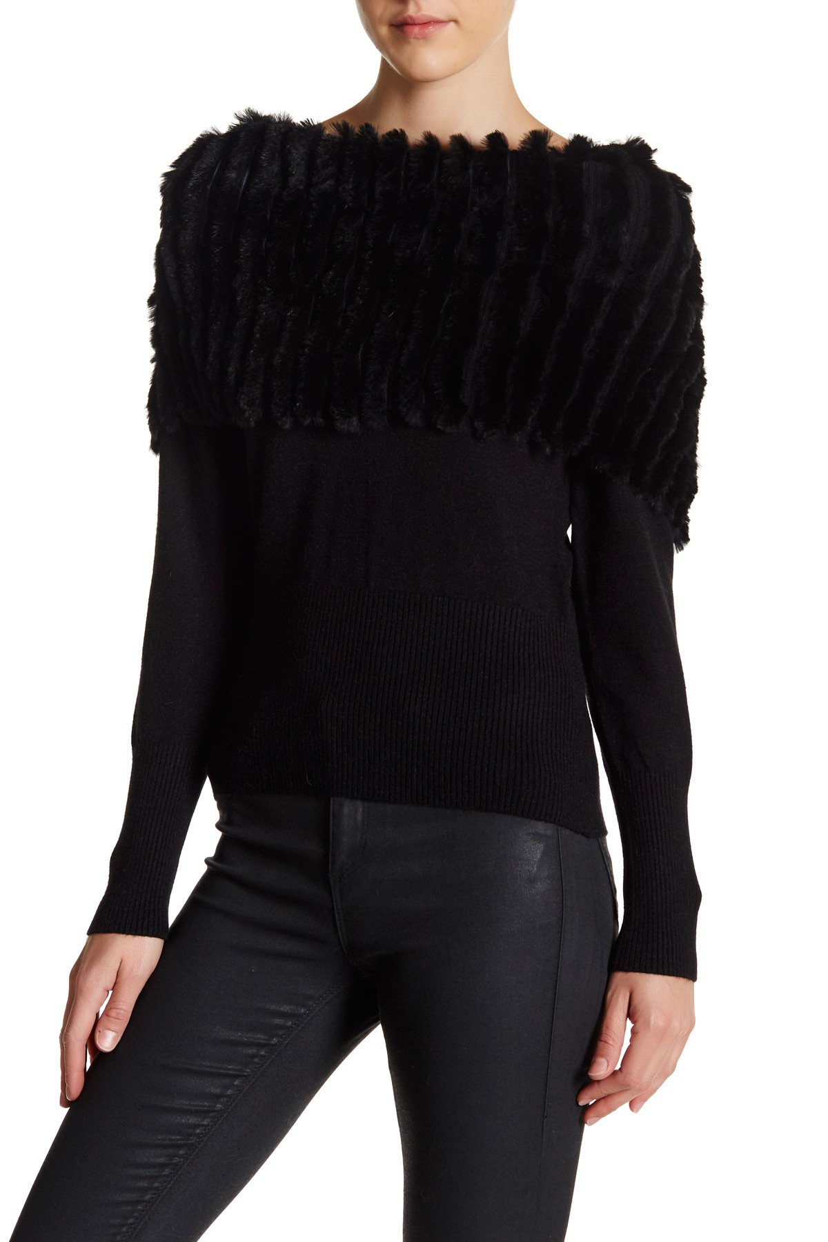 Love Token Genuine Rabbit Fur Collar Sweater in Black Lyst