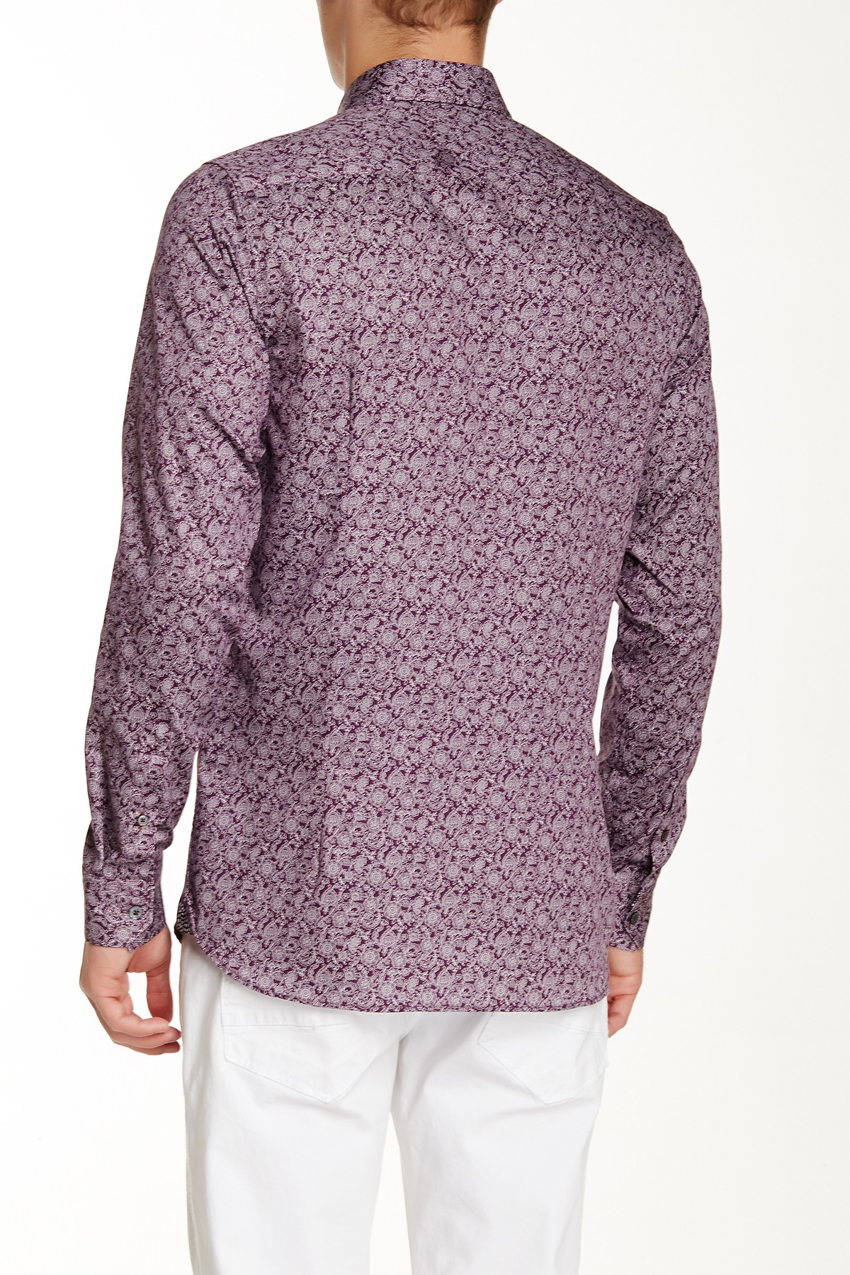 Ted Baker Cotton Long Sleeve Floral Print Trim Fit Shirt in Purple for