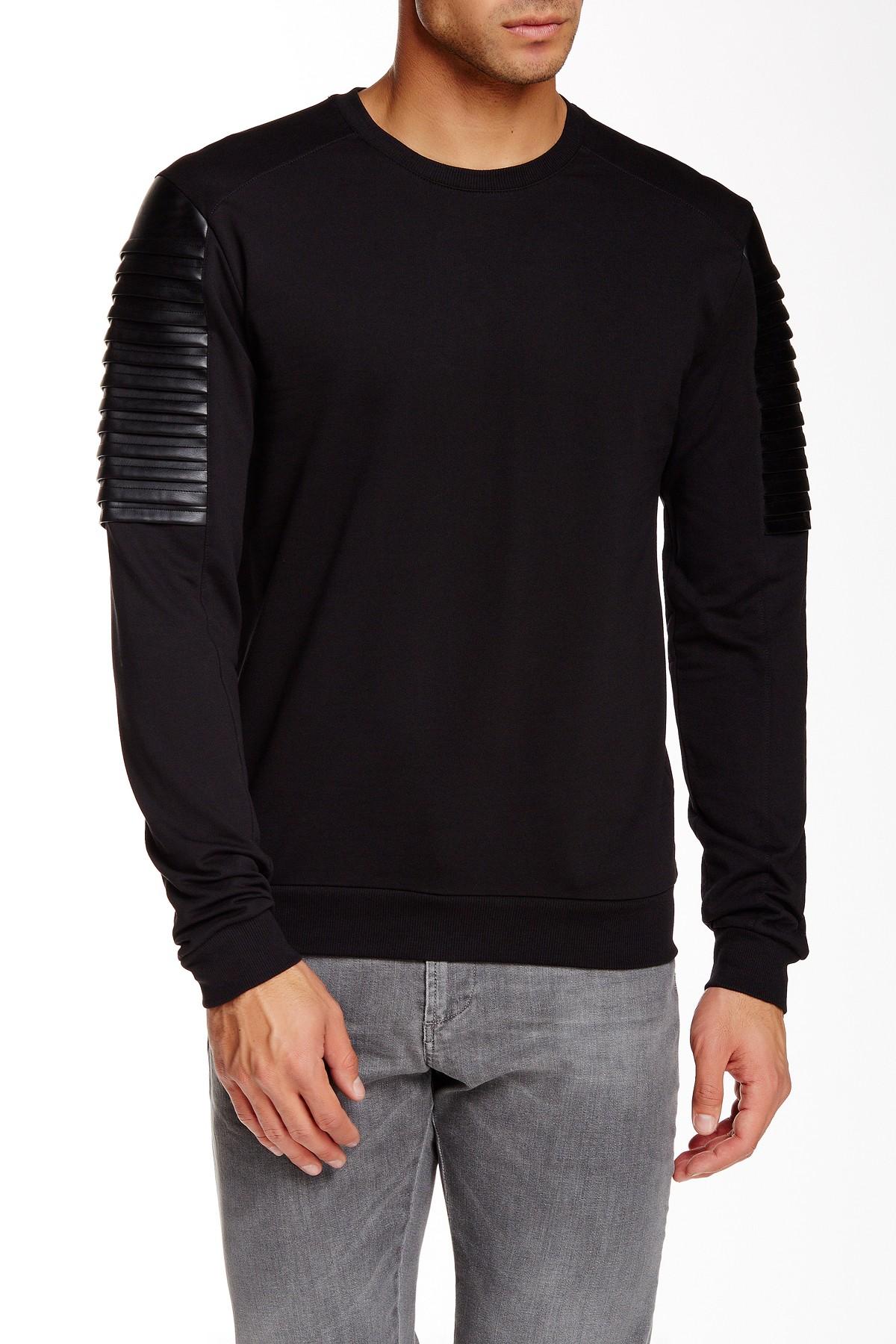 Versace Cotton Faux Leather Panel Crew Neck Sweater in Black for Men - Lyst