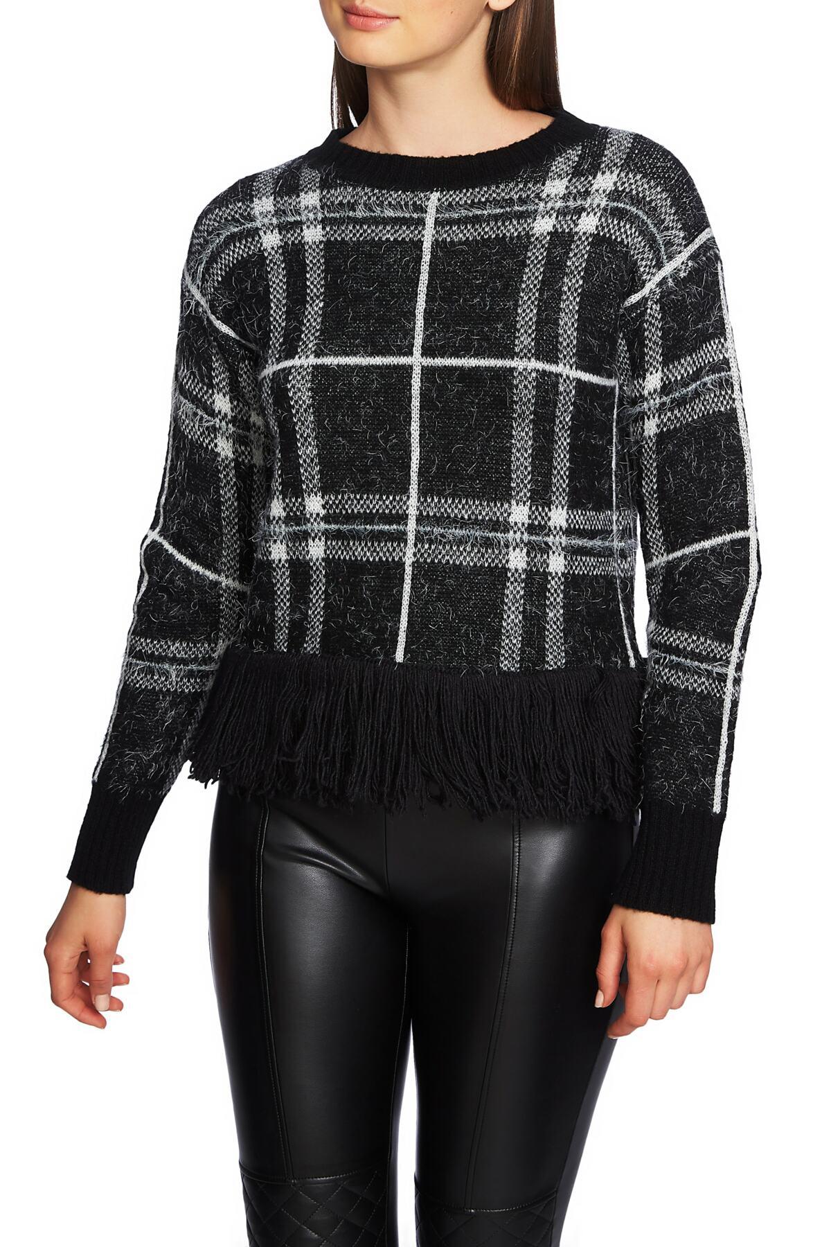 1.STATE Eyelash Plaid Fringe Hem Sweater in Black Lyst