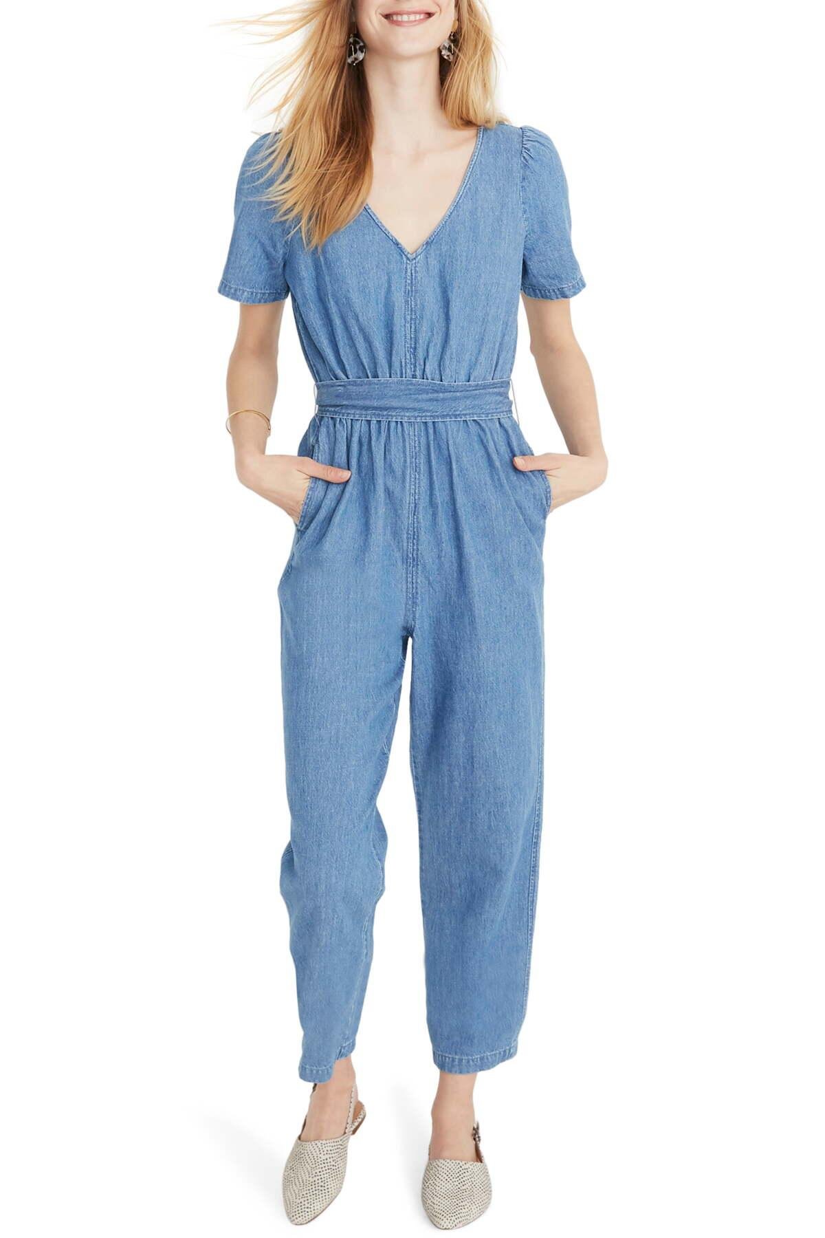Madewell Denim Puff Sleeve Tapered Jumpsuit in Blue - Save 43% - Lyst