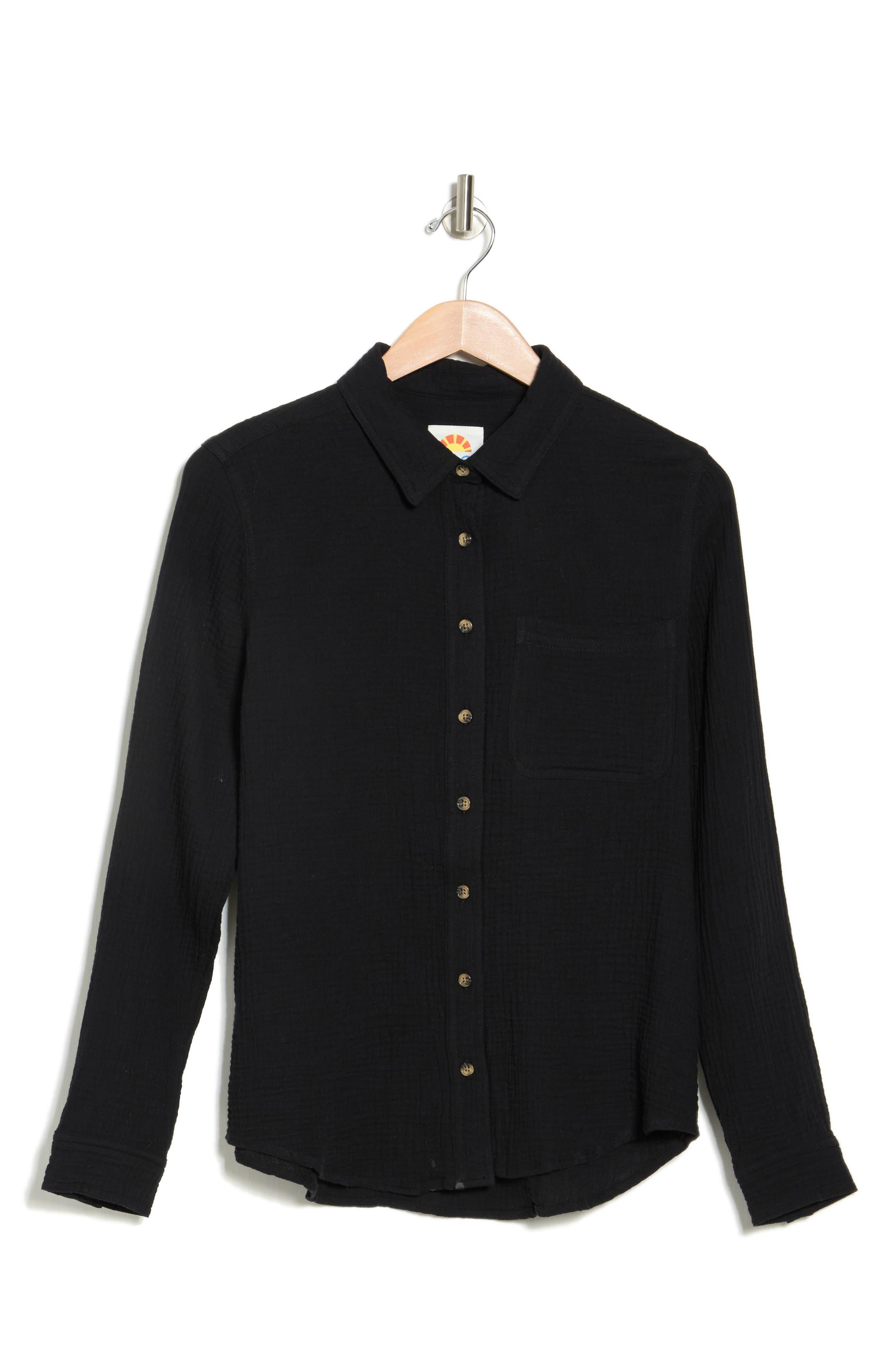 C&C California Collared Long Sleeve Gauze Shirt in Black | Lyst