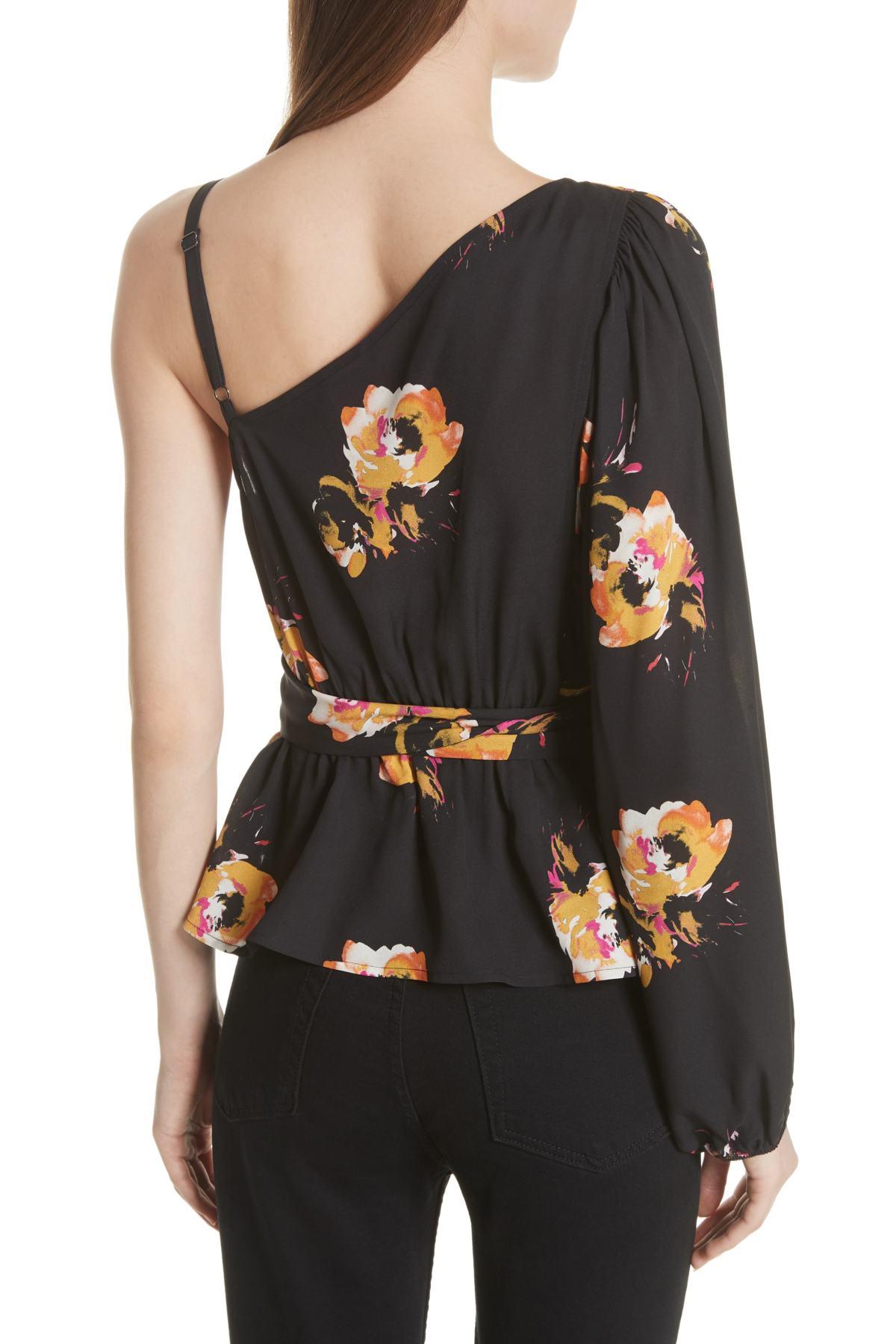 A.L.C. Mickalene Oneshoulder Floral Silk Wrap Top in Black/ Saffron