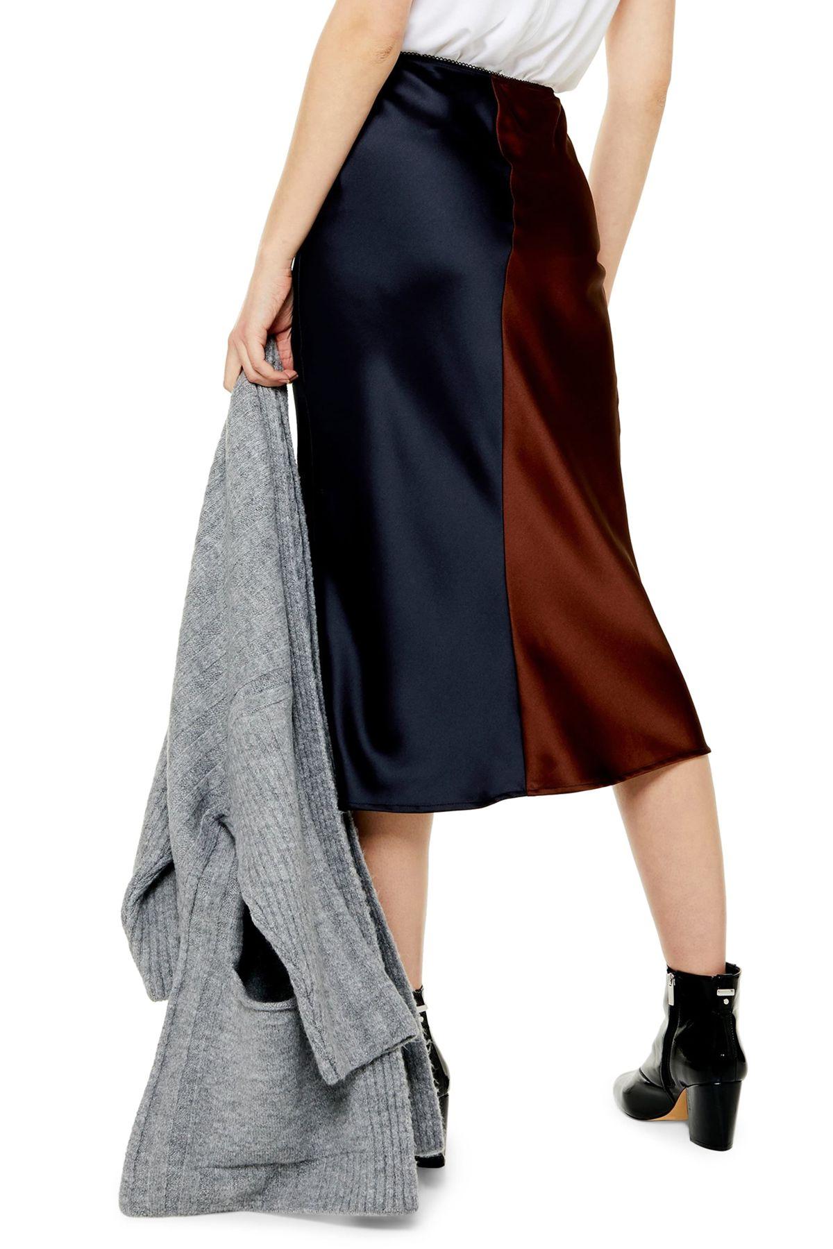 TOPSHOP Colorblock Satin Midi Skirt in Blue - Lyst