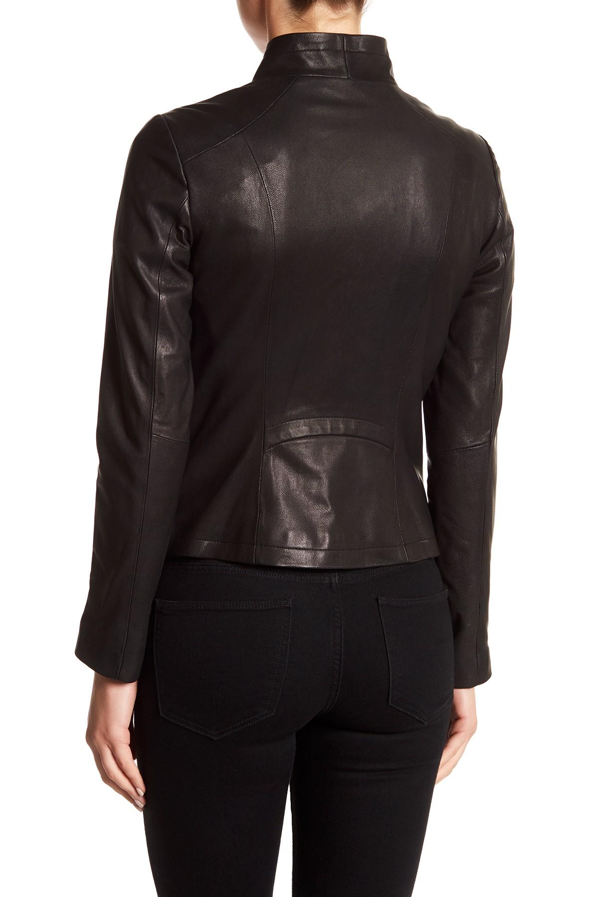 Cole Haan Asymmetrical Front Zip Genuine Leather Jacket in Black - Lyst