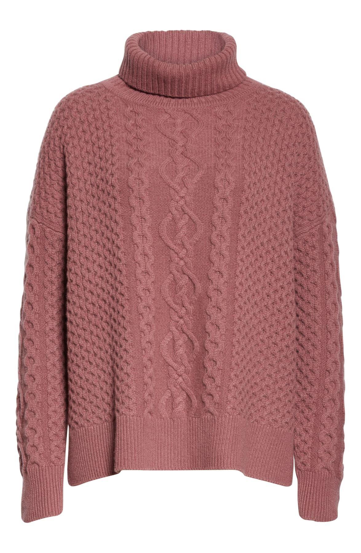 Nordstrom Oversize Cable Knit Cashmere Turtleneck Sweater in Burgundy Rose (Pink) - Lyst