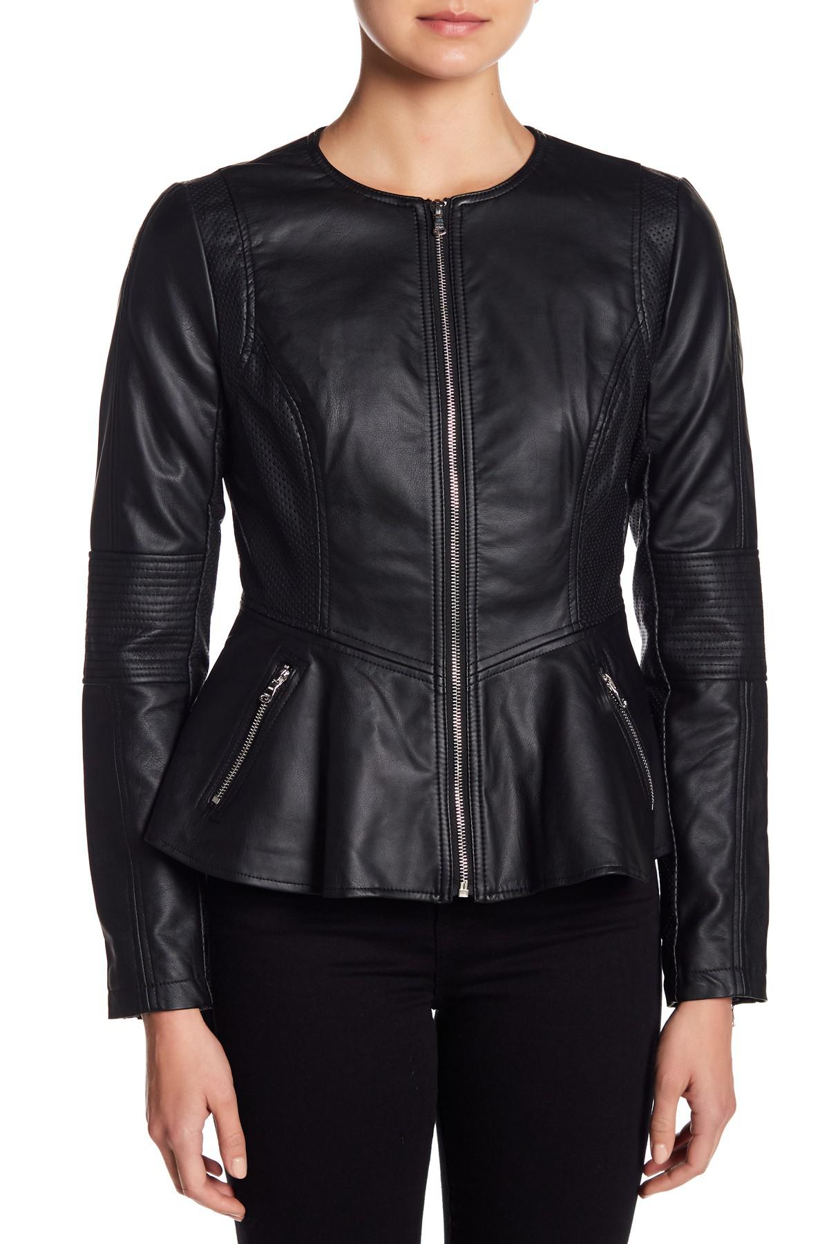 Guess Peplum Faux Leather Jacket in Black | Lyst