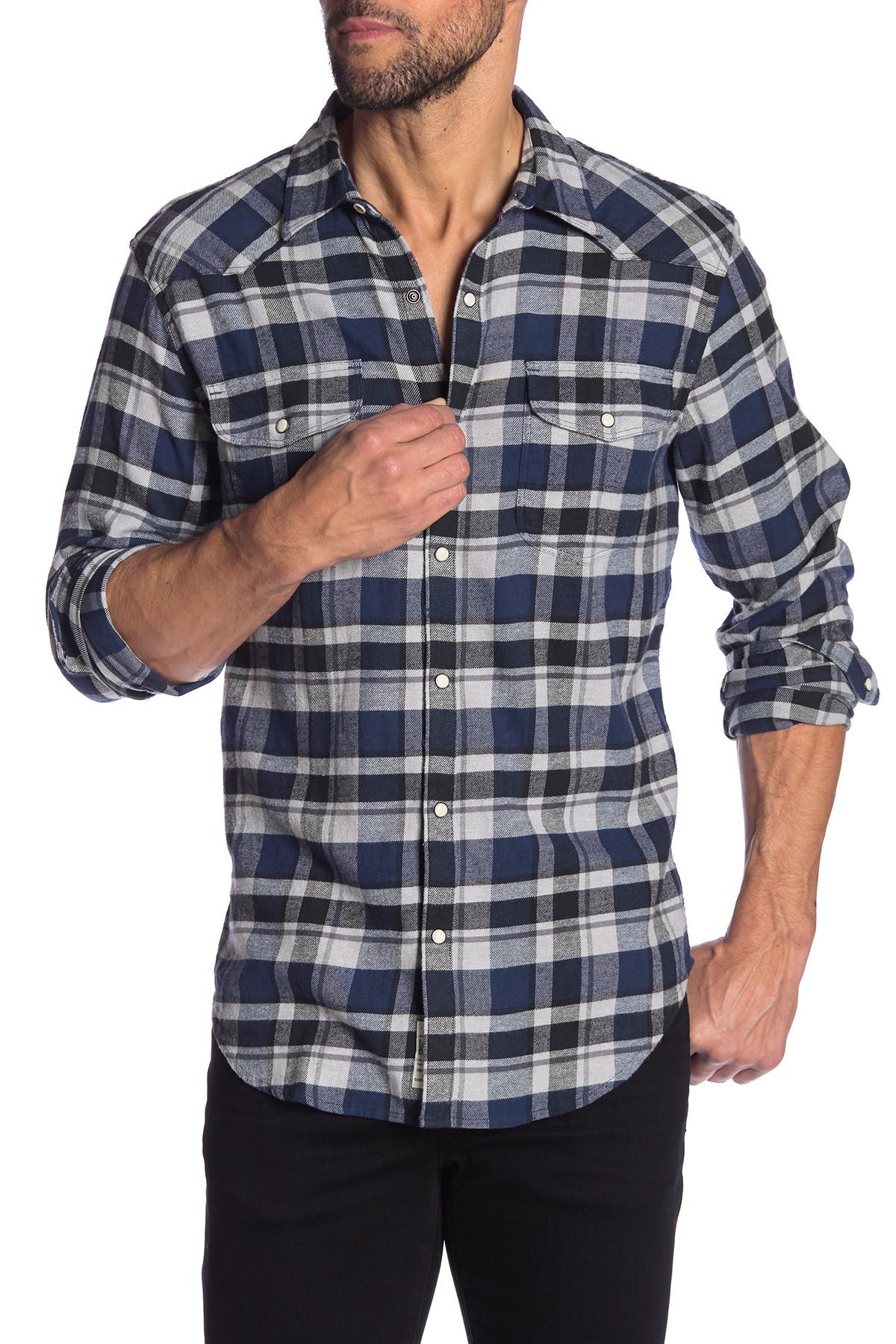 Lucky Brand Cotton Plaid Snap Button Classic Fit Western Shirt in Blue ...