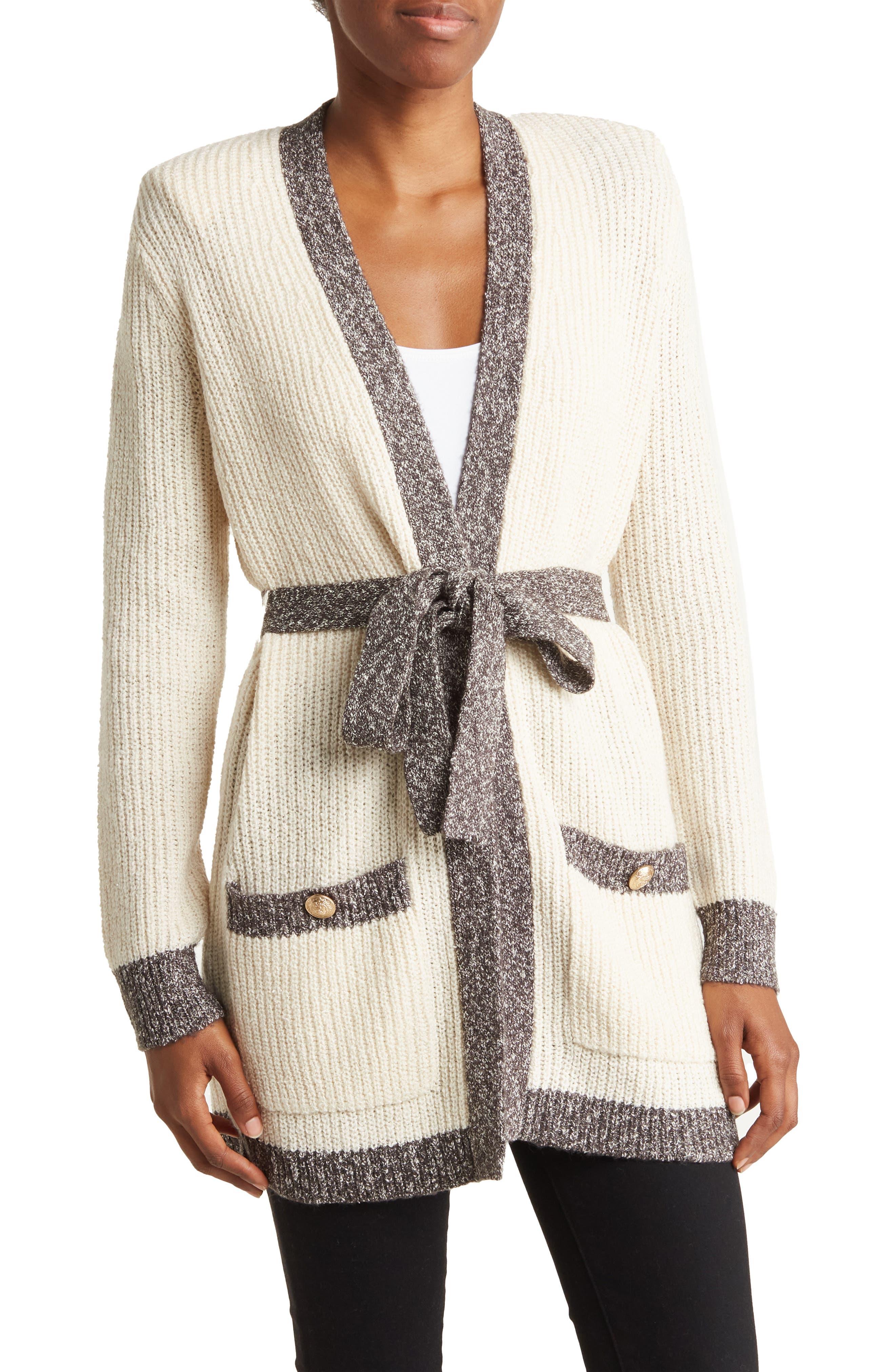 L'Agence Lexington Contrast Trim Cardigan In Ecru/charcoal At Nordstrom Rack  in Natural | Lyst