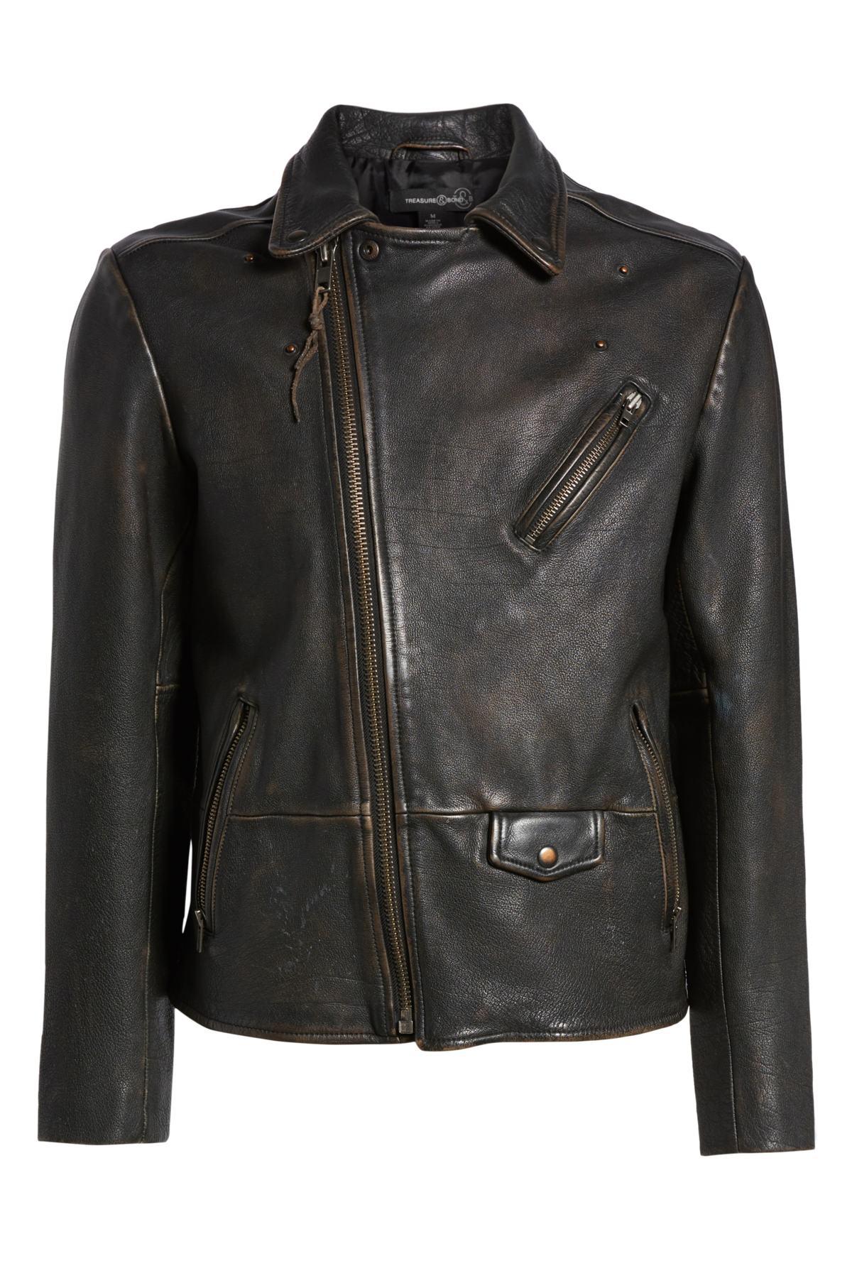 Treasure & Bond Trim Fit Leather Biker Jacket in Black for Men - Lyst