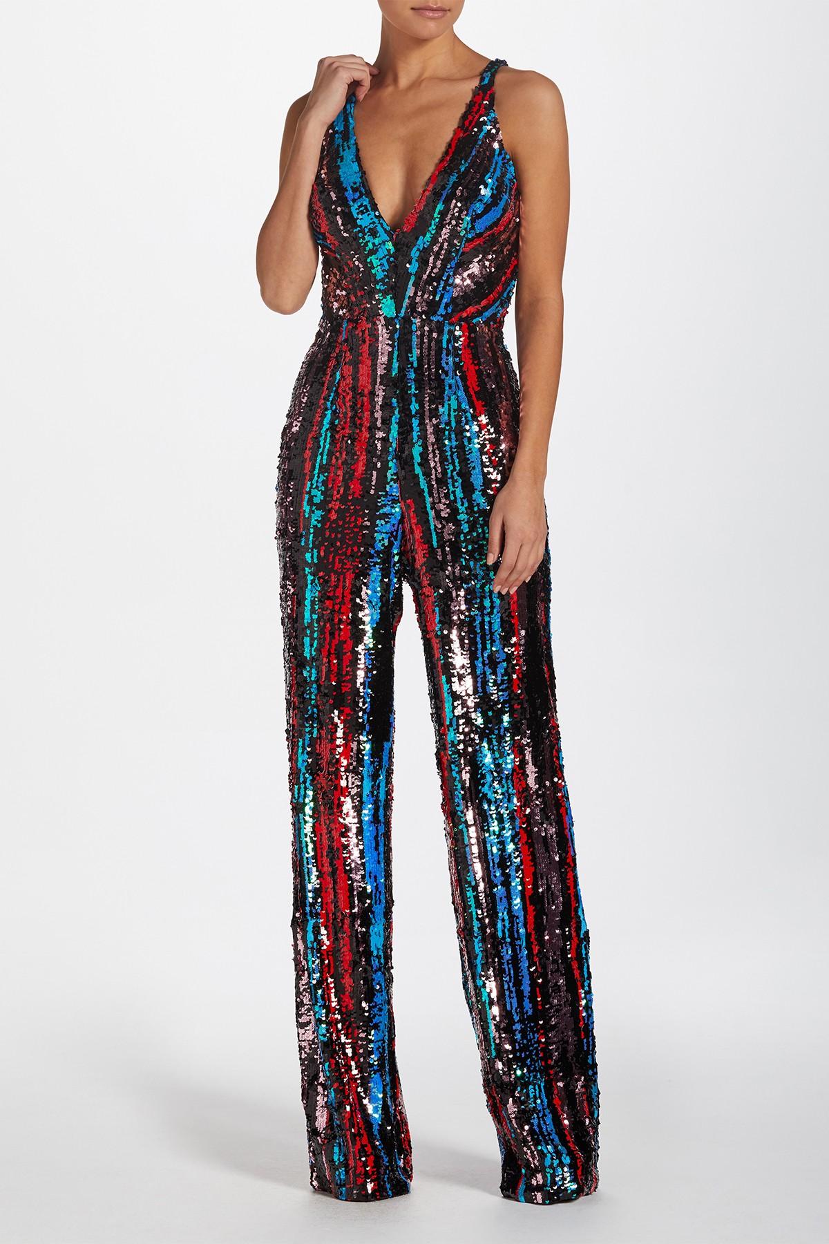 Dress the Population Synthetic Charlie Striped Sequin Jumpsuit in Red ...