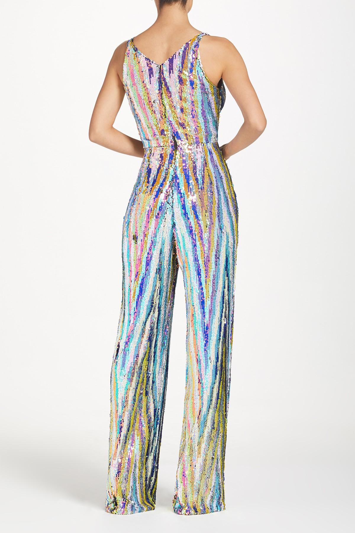 Dress the Population Synthetic Charlie Chevron Sequin Jumpsuit in Blue ...