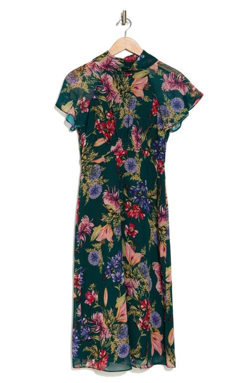 Vince Camuto Floral Short Sleeve Chiffon Midi Dress in Green