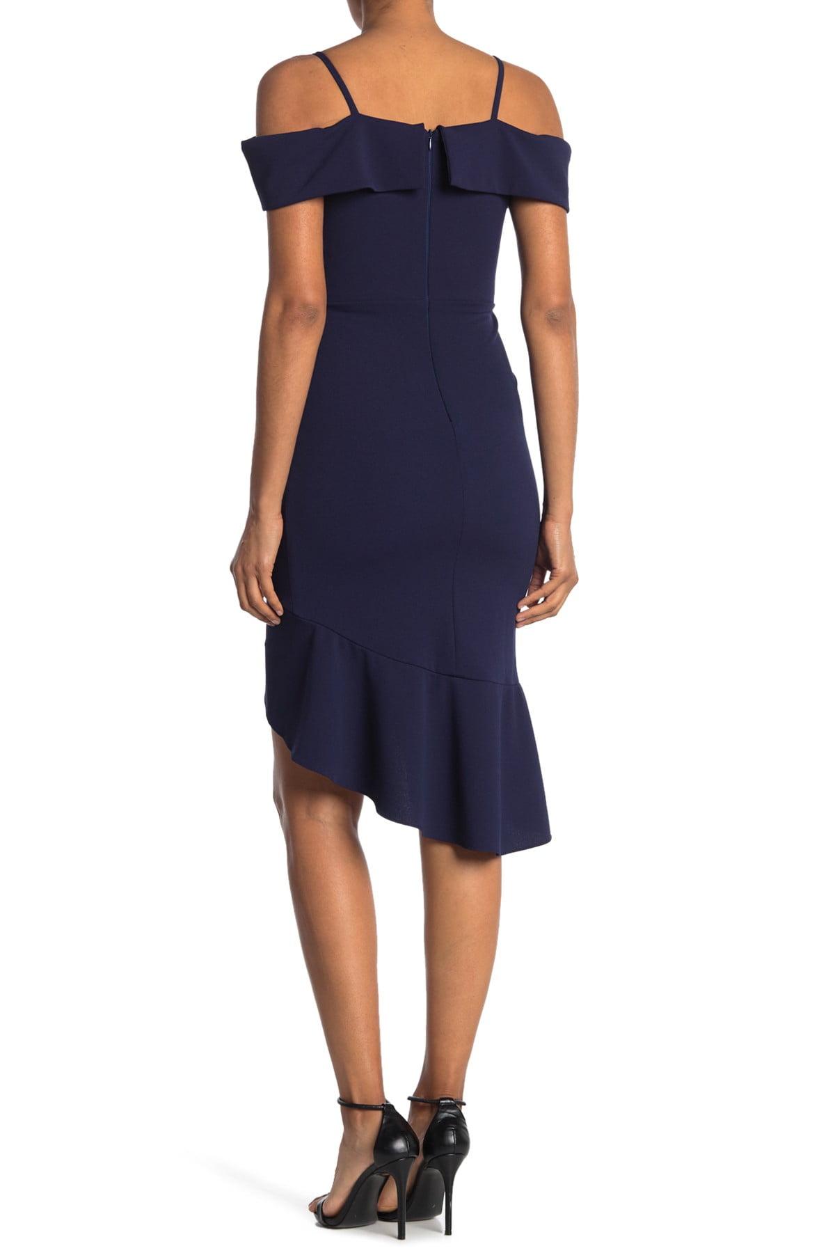 bebe cold shoulder ruffle hem midi dress