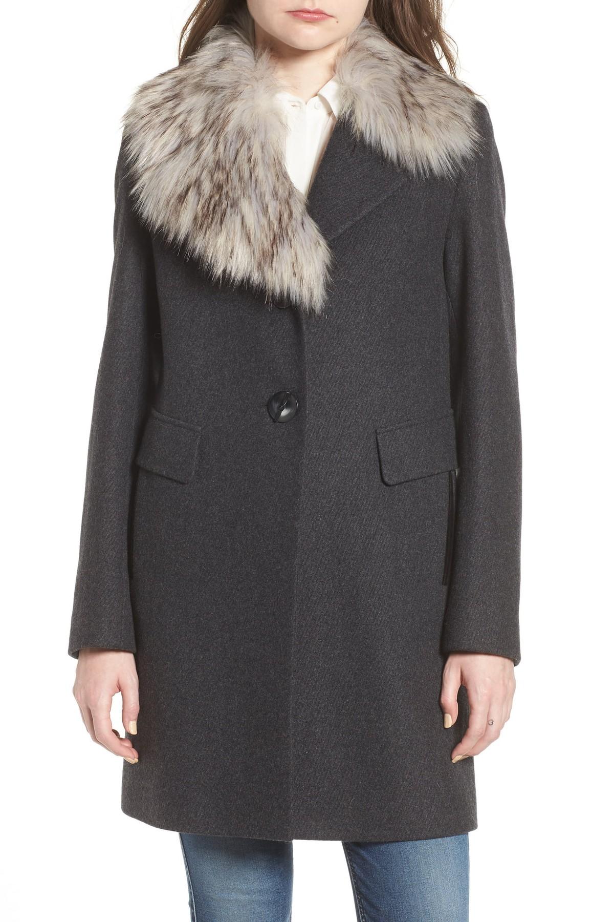 Sam Edelman Walker Faux Fur Collar Wool Blend Coat in Grey (Gray) - Lyst