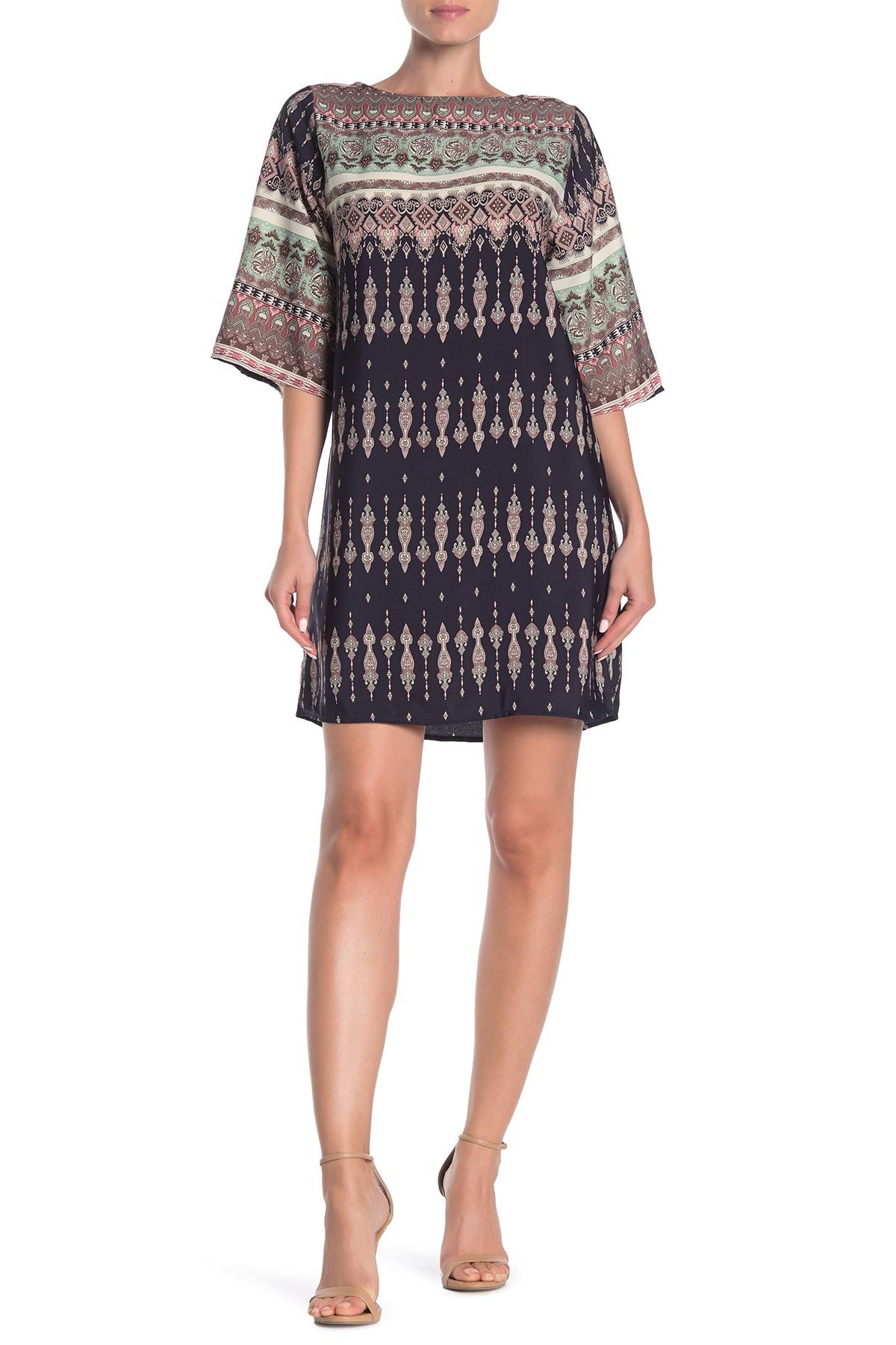 Trendy Boho Mock Neck Trapeze Swing Tunic Dress With Long Sleeves in 4 Colors