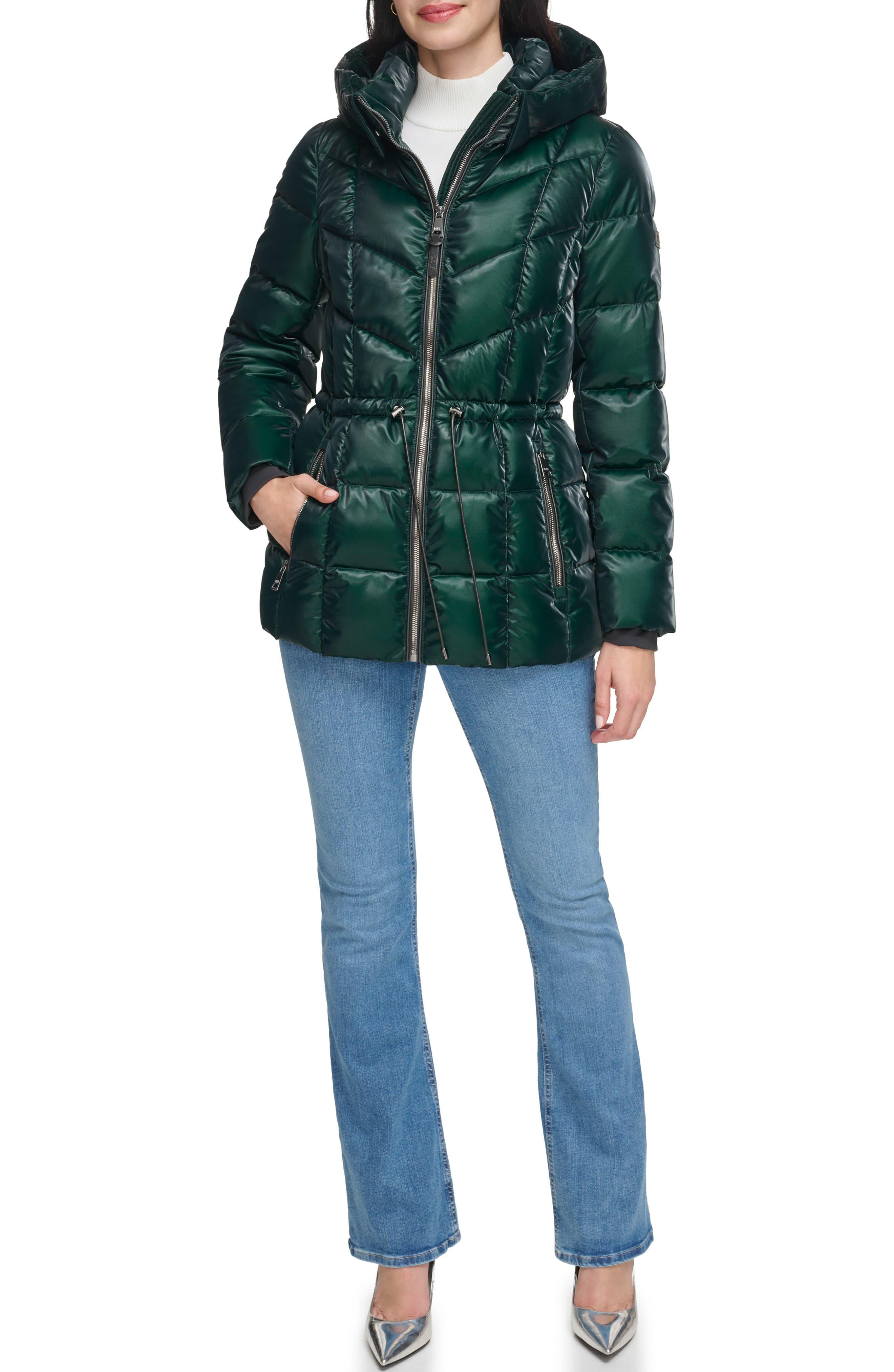 DKNY Cinched Waist Hooded Puffer Jacket in Green Lyst