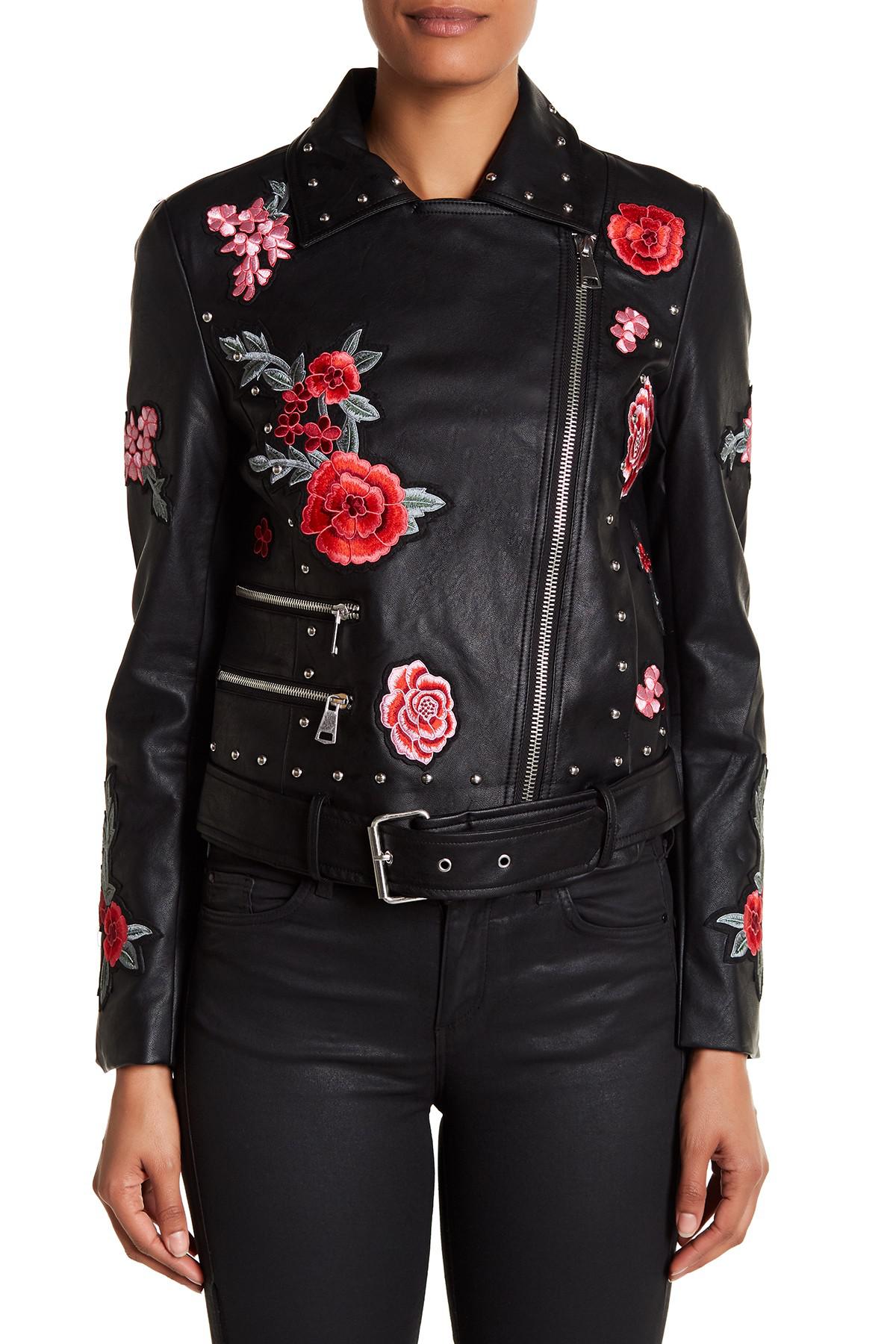 Bagatelle Floral Patched Studded Faux Leather Moto Jacket