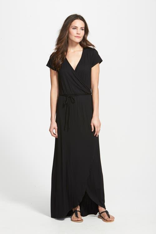 Loveappella Cap Sleeve Faux Wrap Jersey Maxi Dress in Black | Lyst Loveappella Cap Sleeve Faux Wrap Jersey Maxi Dress in Black | Lyst