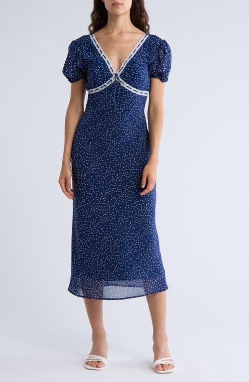 Lush Lace Trim Puff Sleeve Empire Waist Midi Dress in Blue Lyst