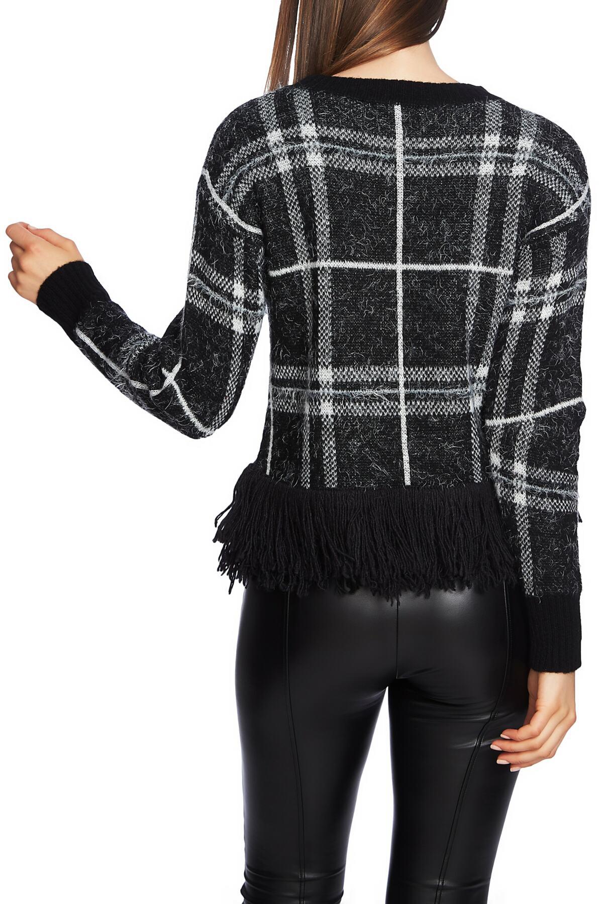 1.STATE Eyelash Plaid Fringe Hem Sweater in Black Lyst