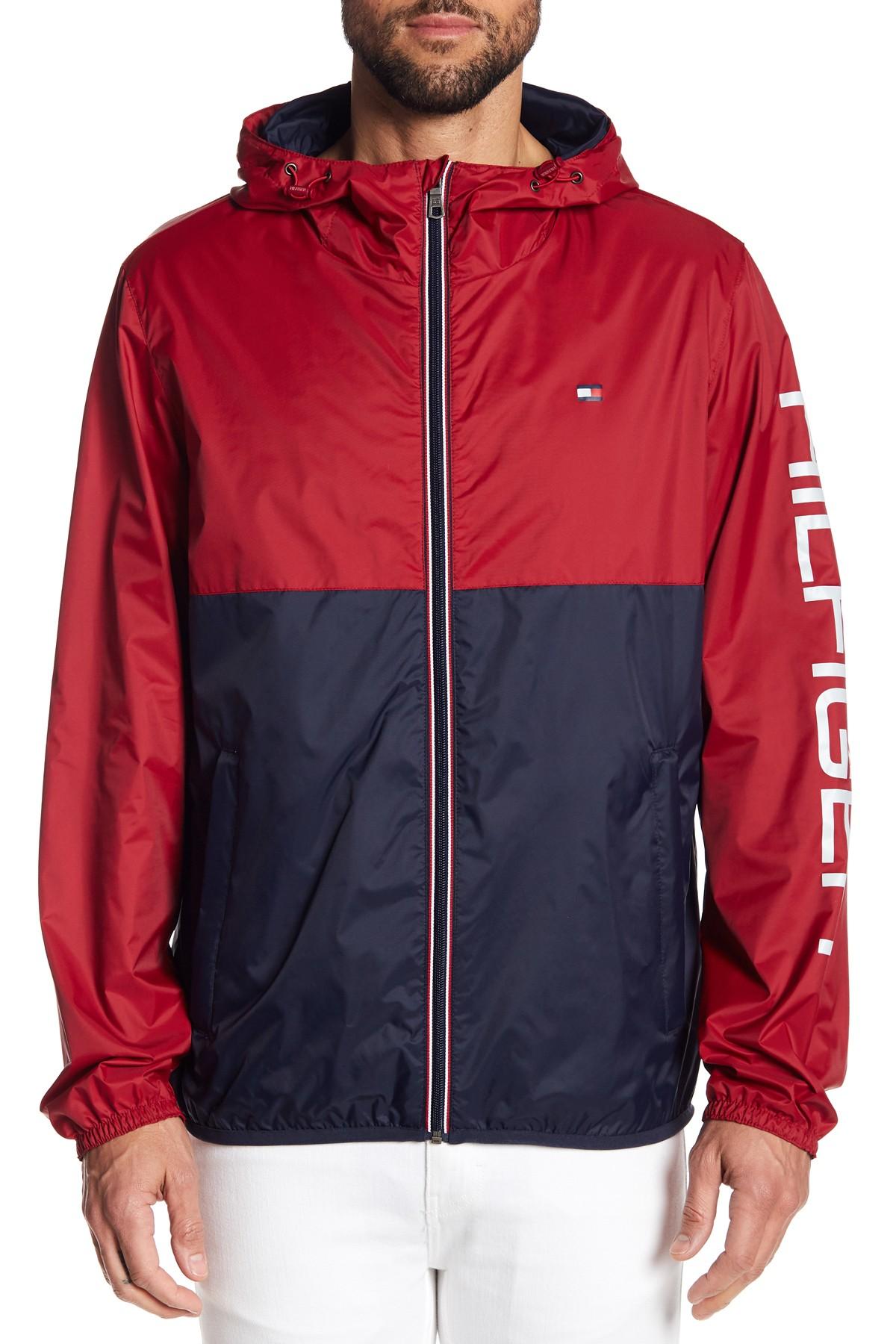 Tommy Hilfiger Synthetic Colorblock Hooded Rain Jacket in Red for Men ...