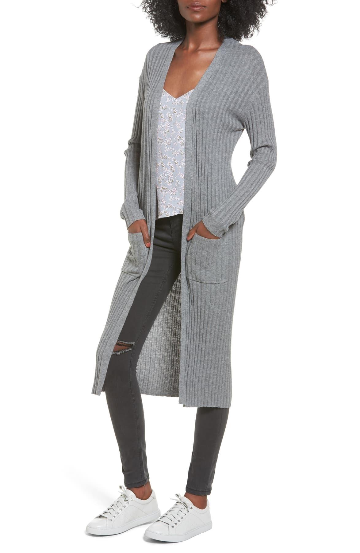 grey ribbed knitted midi cardigan