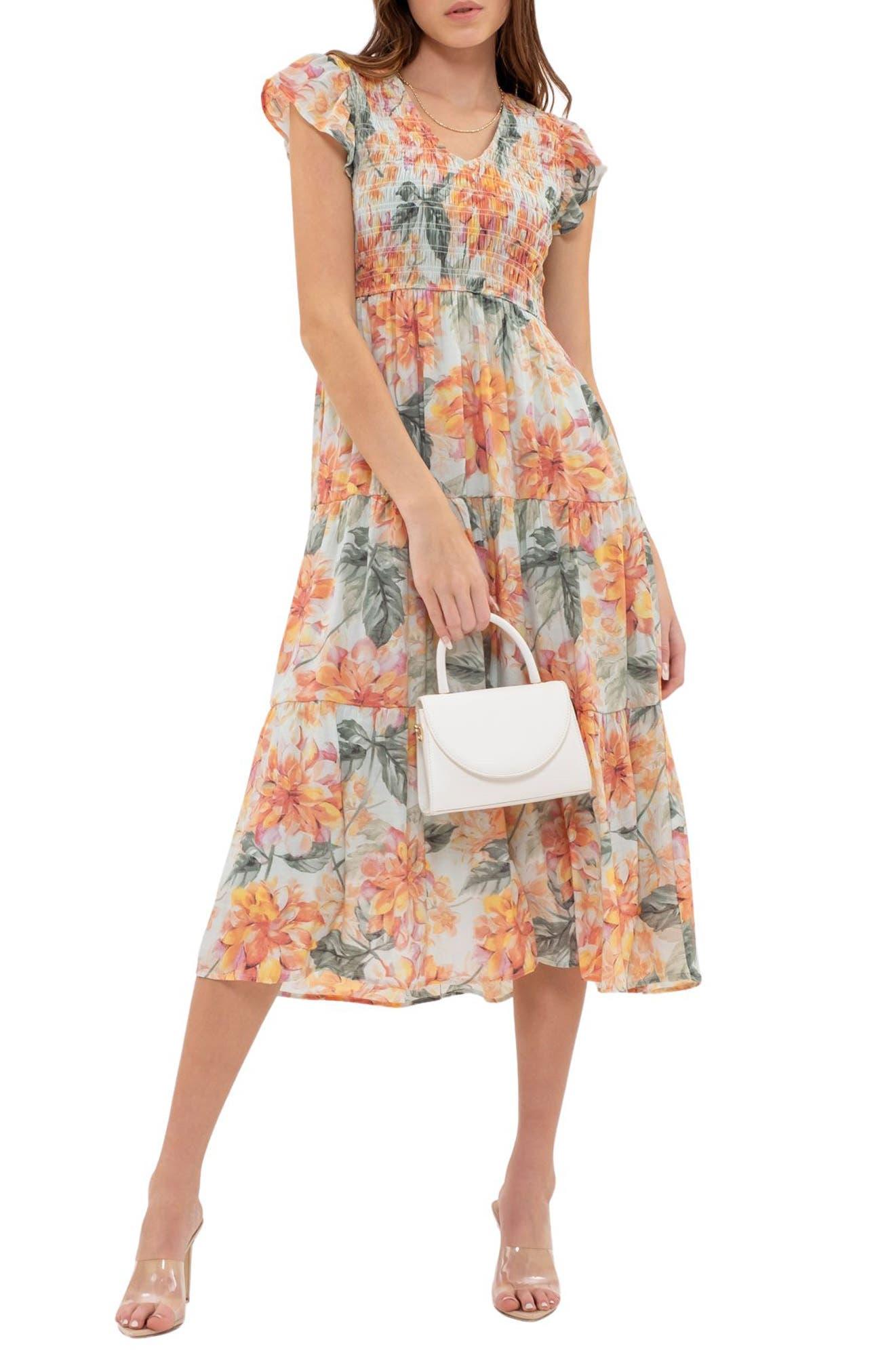 Blu Pepper Floral Smocked Midi Dress in White Lyst