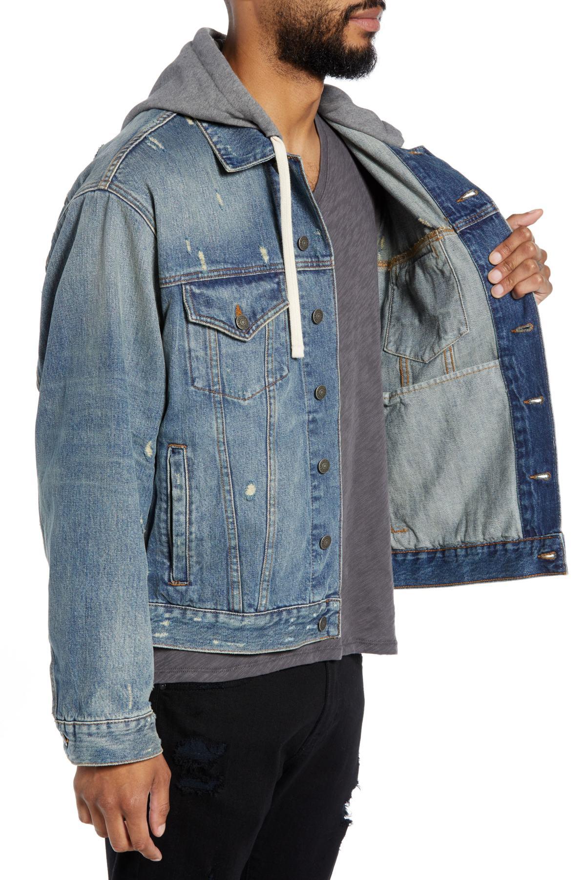 The Kooples Oversized Distressed Denim Jacket With Hood in Blue for Men