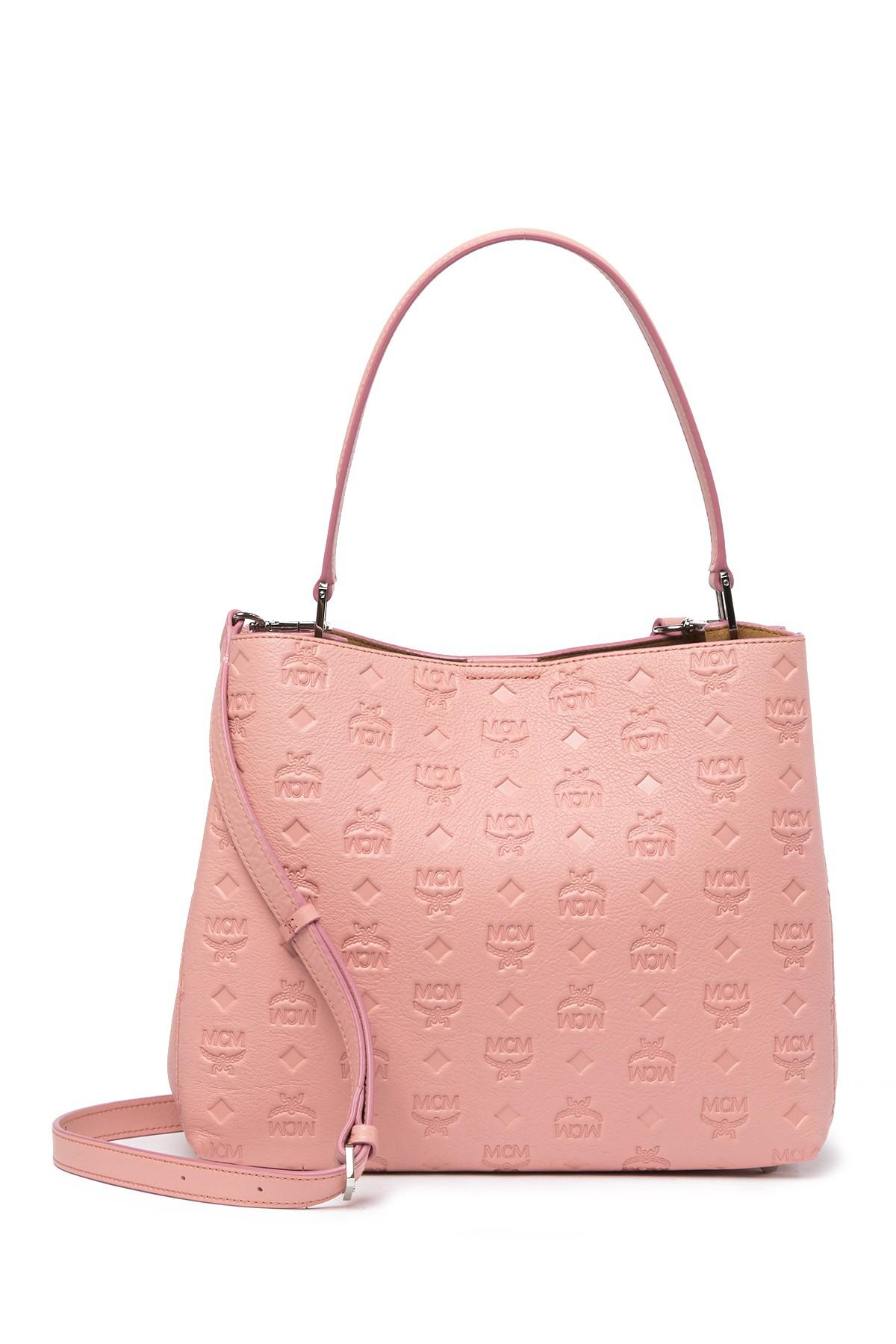 MCM Sarah Monogrammed Leather Hobo Bag in Pink | Lyst