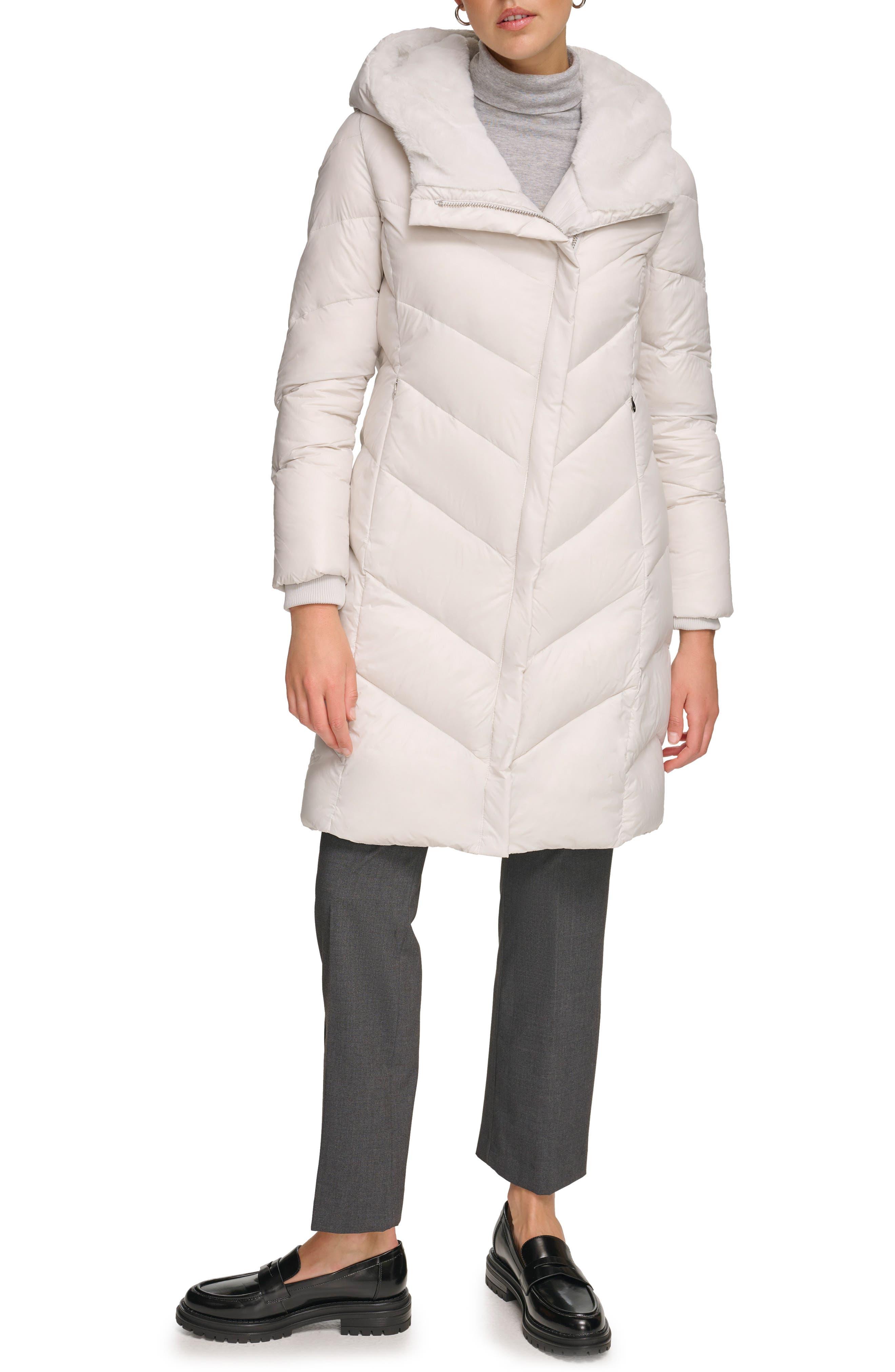 Calvin Klein Faux Fur Trim Chevron Quilt Down Puffer Jacket in