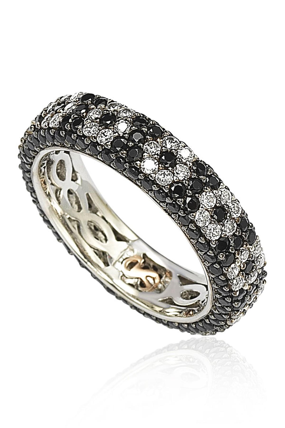 Suzy Levian Sterling Silver Cz Black & White Flower Eternity Band Ring
