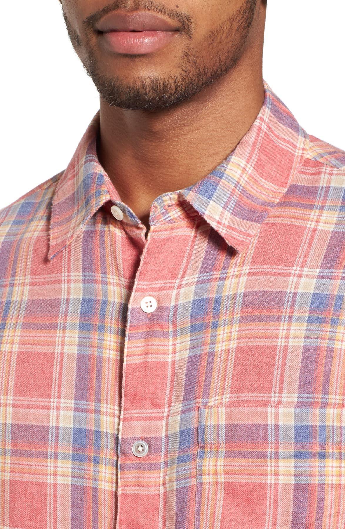FRAME Fray Hem Plaid Print Slim Fit Flannel Shirt in Dark Pink Check