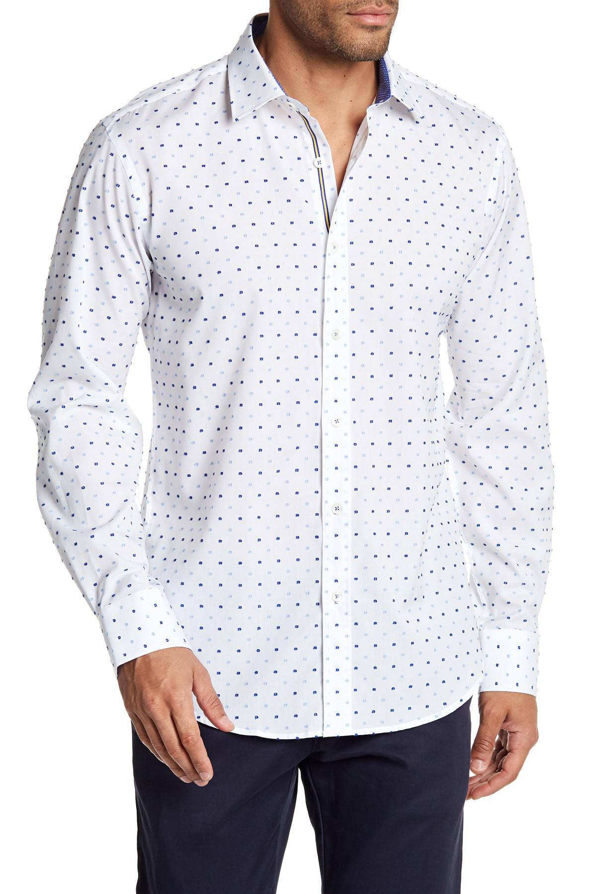 Bugatchi Cotton Slim Fit Long Sleeve Polka Dot Dress Shirt in White for